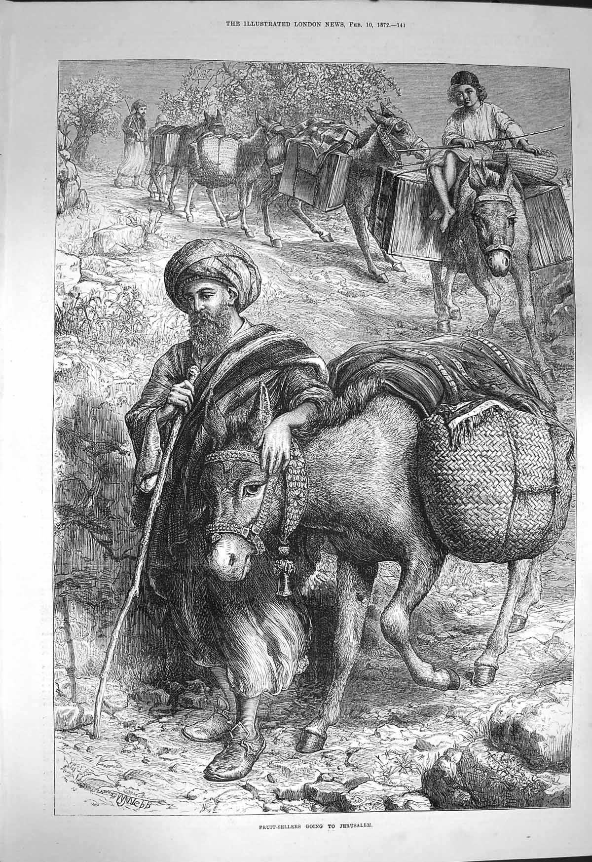Original Old Antique Print 1872 Fruit Sellers Jerusalem Donkey Webb Victorian