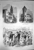Original Old Antique Print 1872 Townhall Larne Ireland Abergavenny Paris Taxes