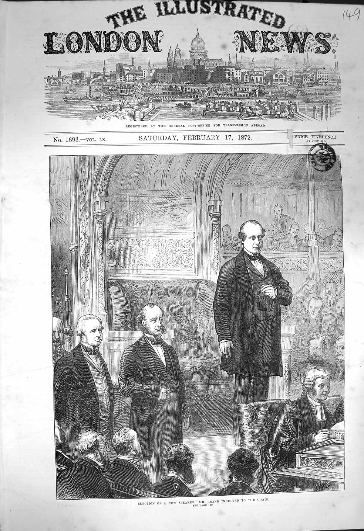 Original Old Antique Print 1872 Election New Speaker House Commons Brand Chair
