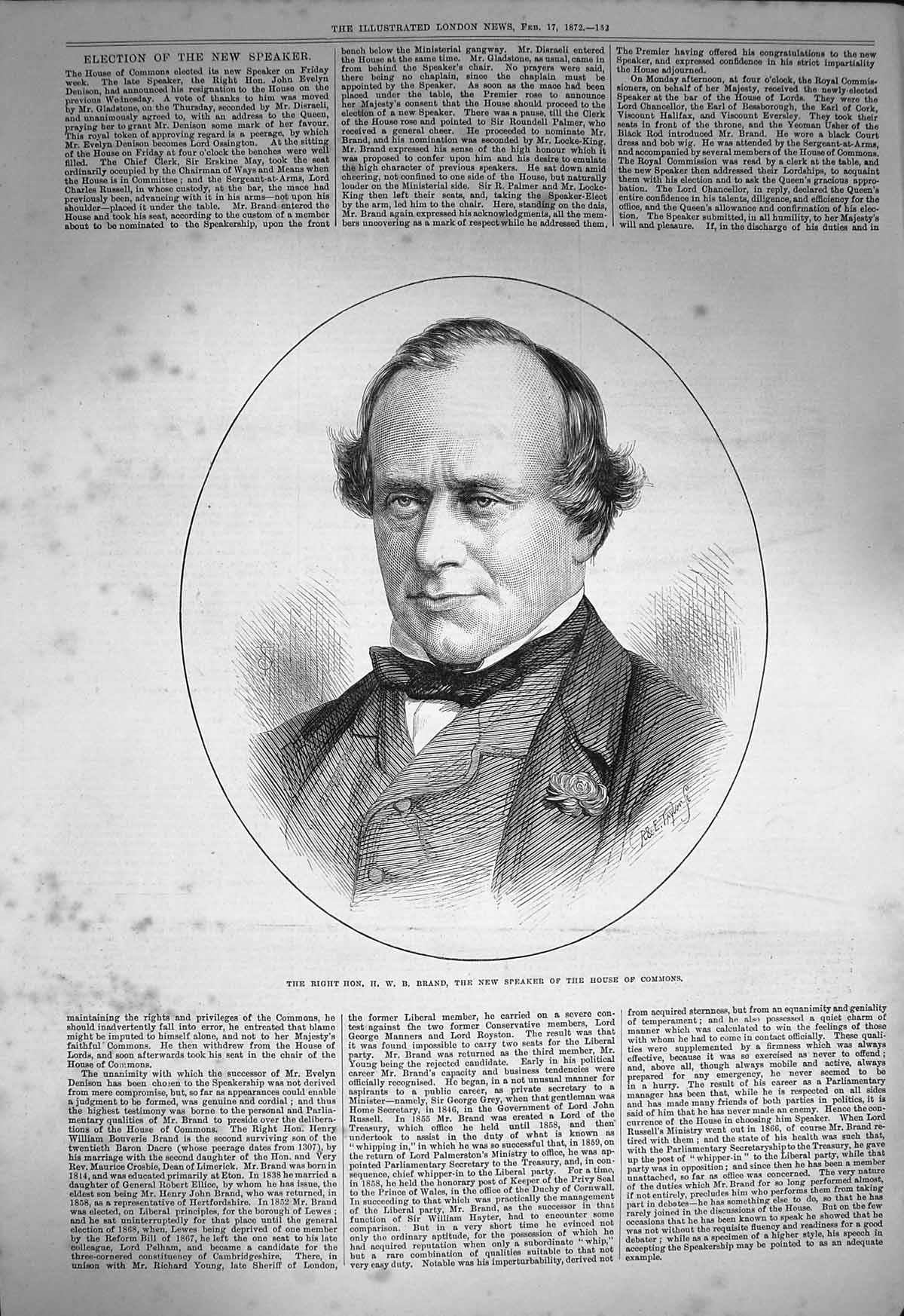 Original Old Antique Print 1872 Portrait Brand Speaker House Commons Parliament