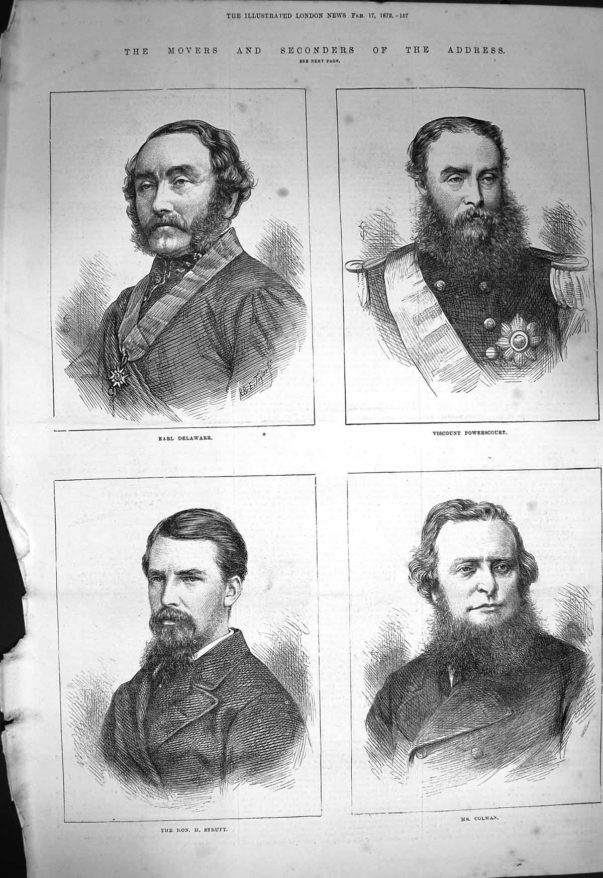 Original Old Antique Print 1872 Earl Delawarr Powerscourt Mr Colman Strutt Men