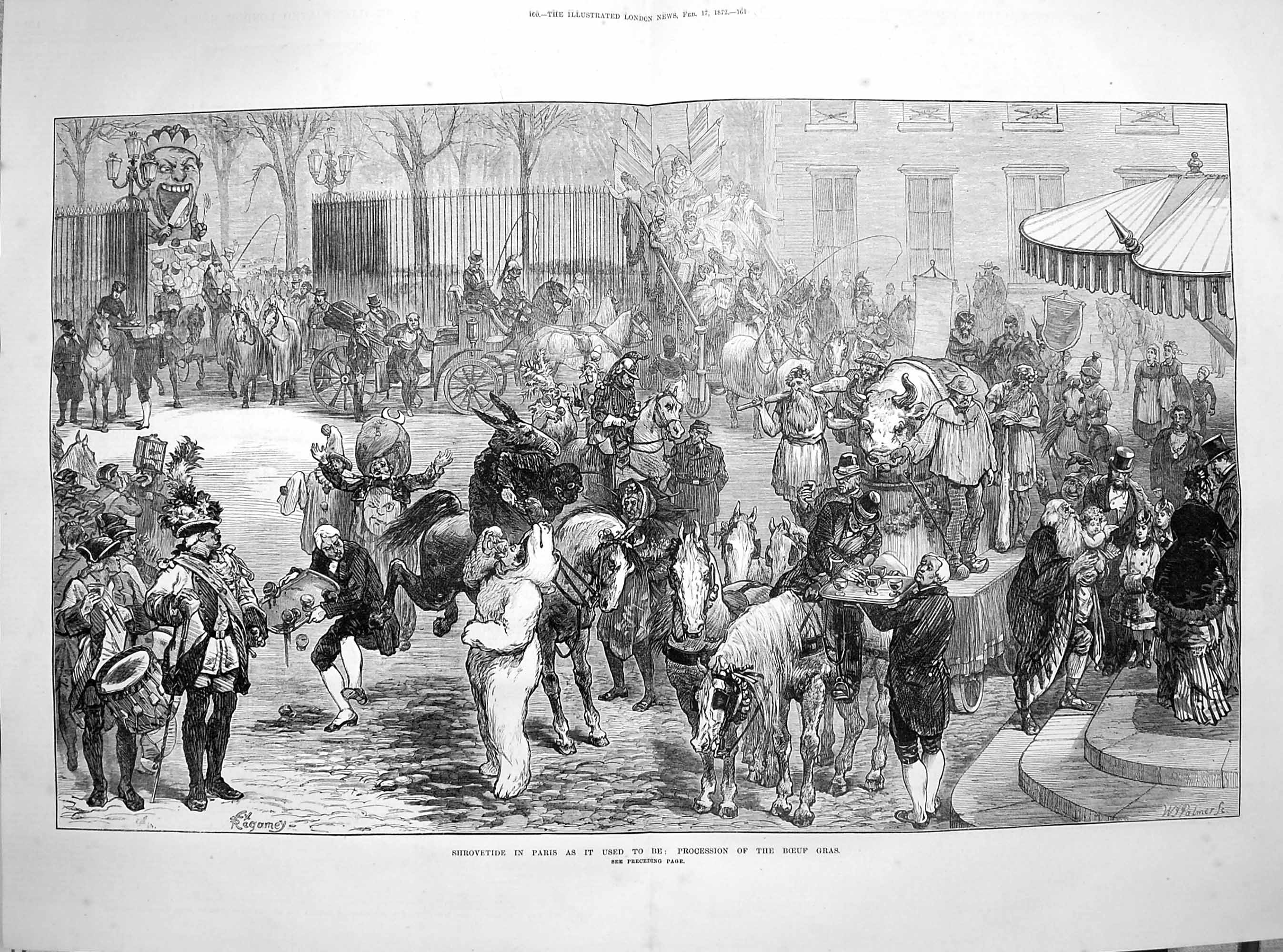 Original Old Antique Print 1872 Shrovetide Paris France Procession Boe Victorian