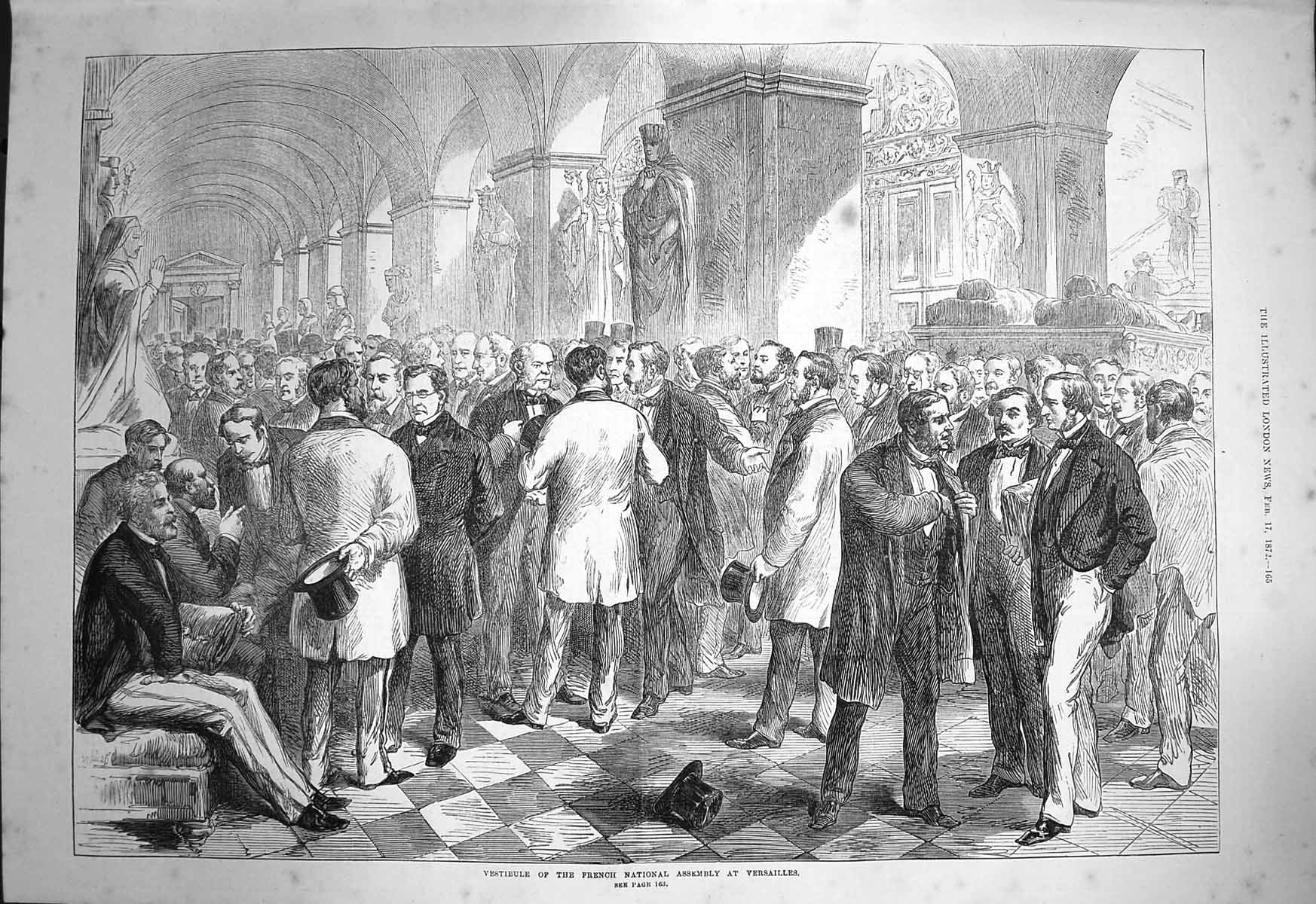 Original Old Antique Print 1872 Vestibule French National Assembly Versailles