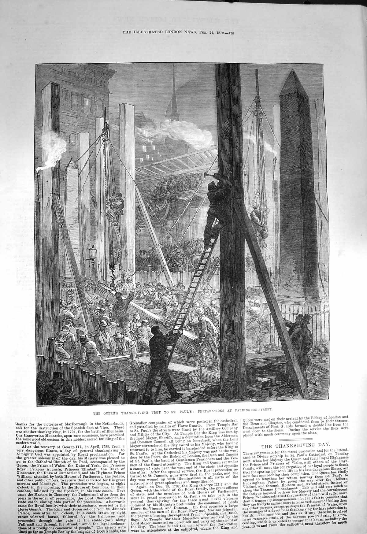 Original Old Antique Print 1872 Queen Thanksgiving St. Pauls Farringdon Street