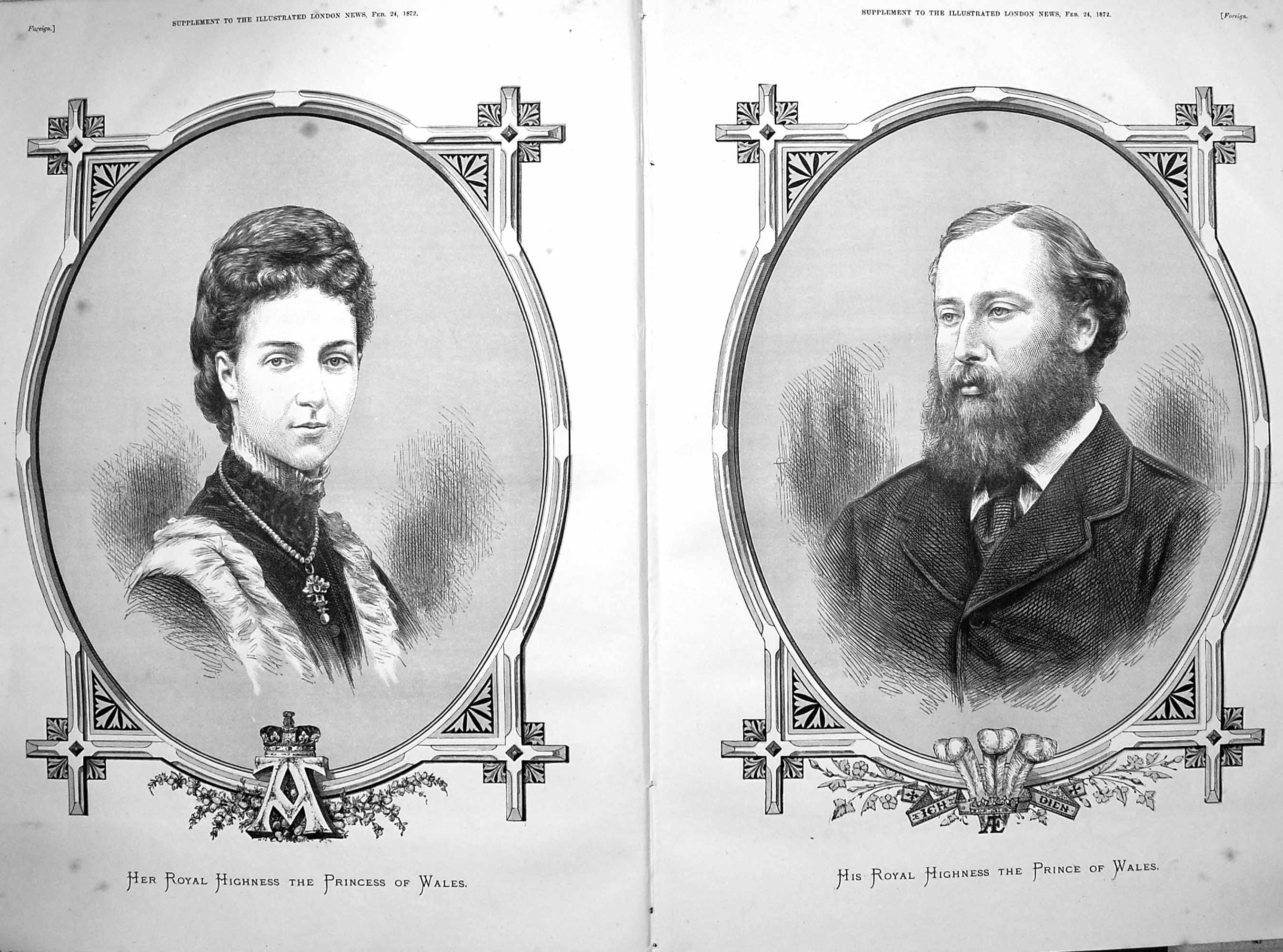 Original Old Antique Print 1872 Portrait Royal Highness Prince Princess Wales