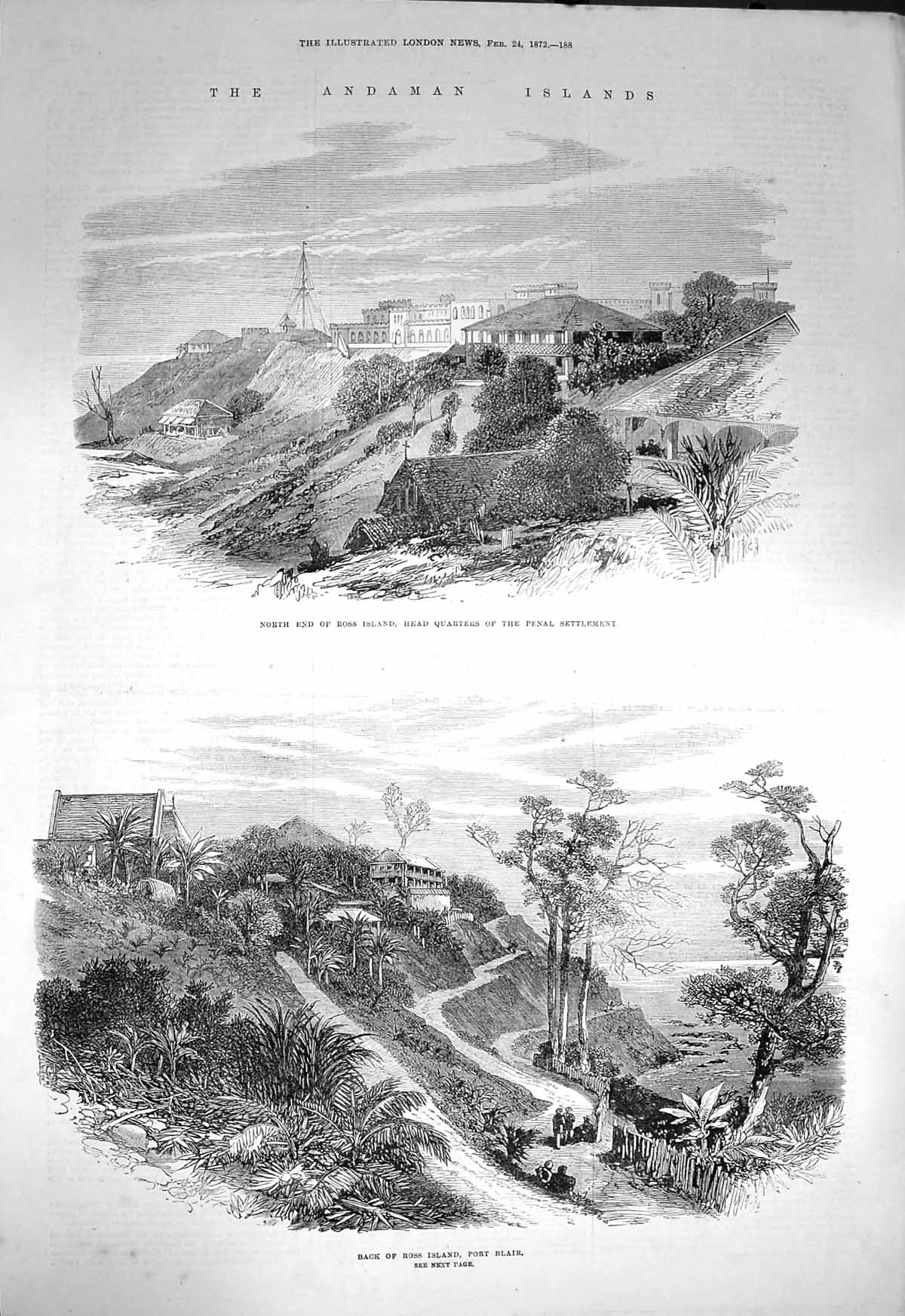 Old Antique Print 1872 Andaman Islands Ross Port Blair Penal Settlement 19th