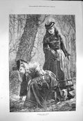 Original Old Antique Print 1872 Gathering Wood Violets Flowers Trees Forest