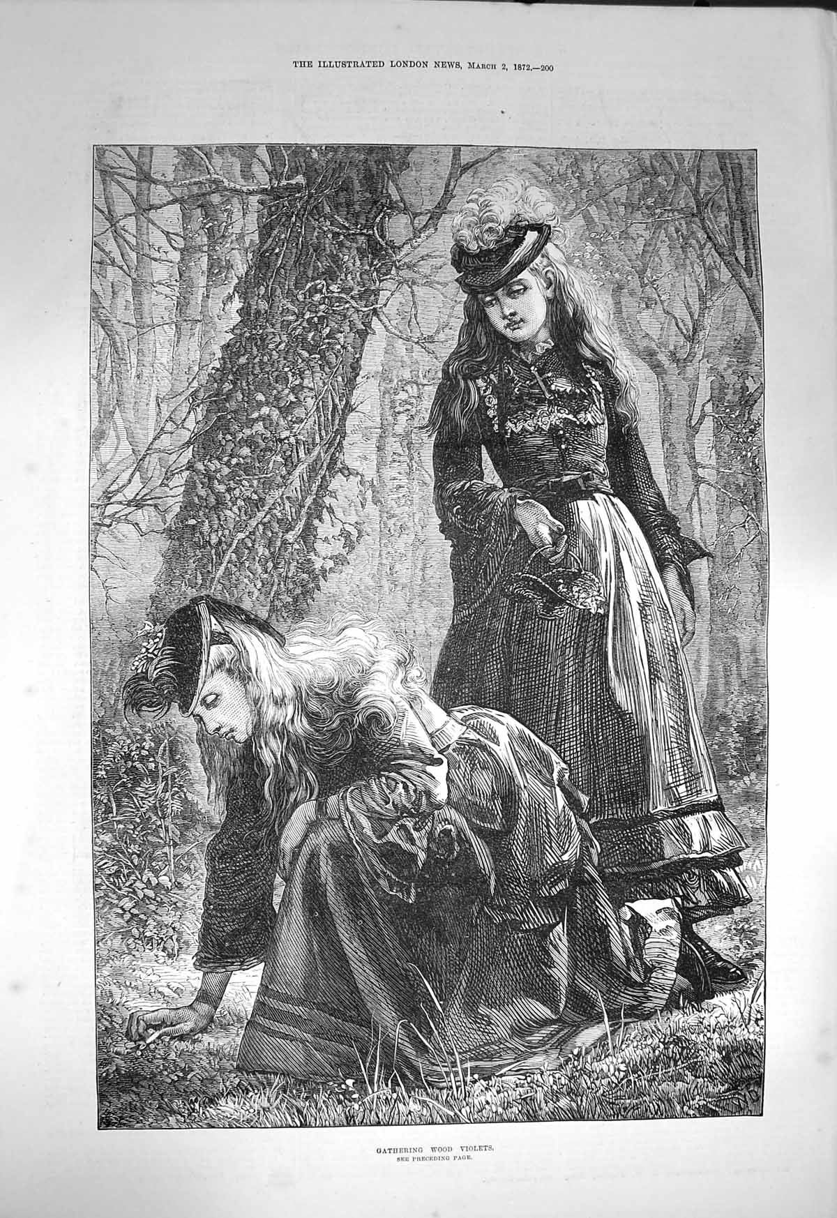 Original Old Antique Print 1872 Gathering Wood Violets Flowers Trees Forest