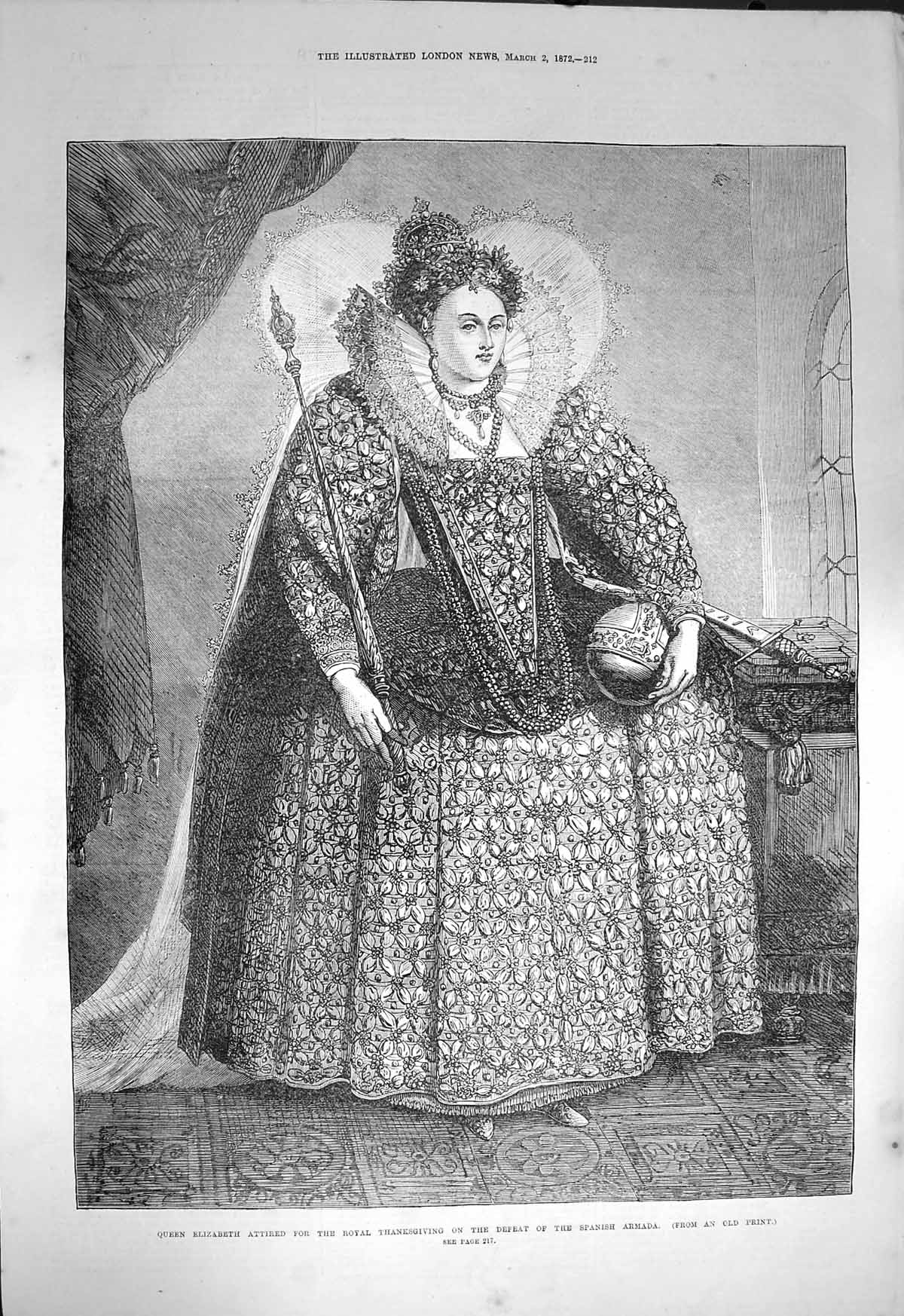 Old Antique Print 1872 Queen Elizabeth Defeat Spanish Armada Thanksgiving 19th