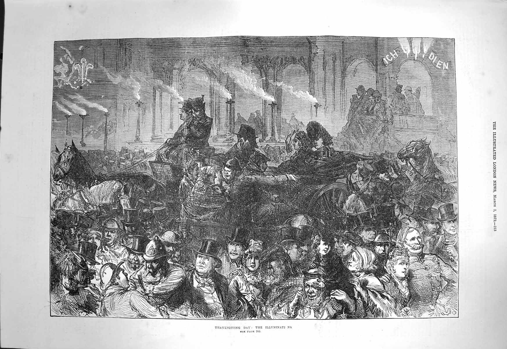 Old Antique Print 1872 Thanksgiving Day Illuminations Street Procession 19th