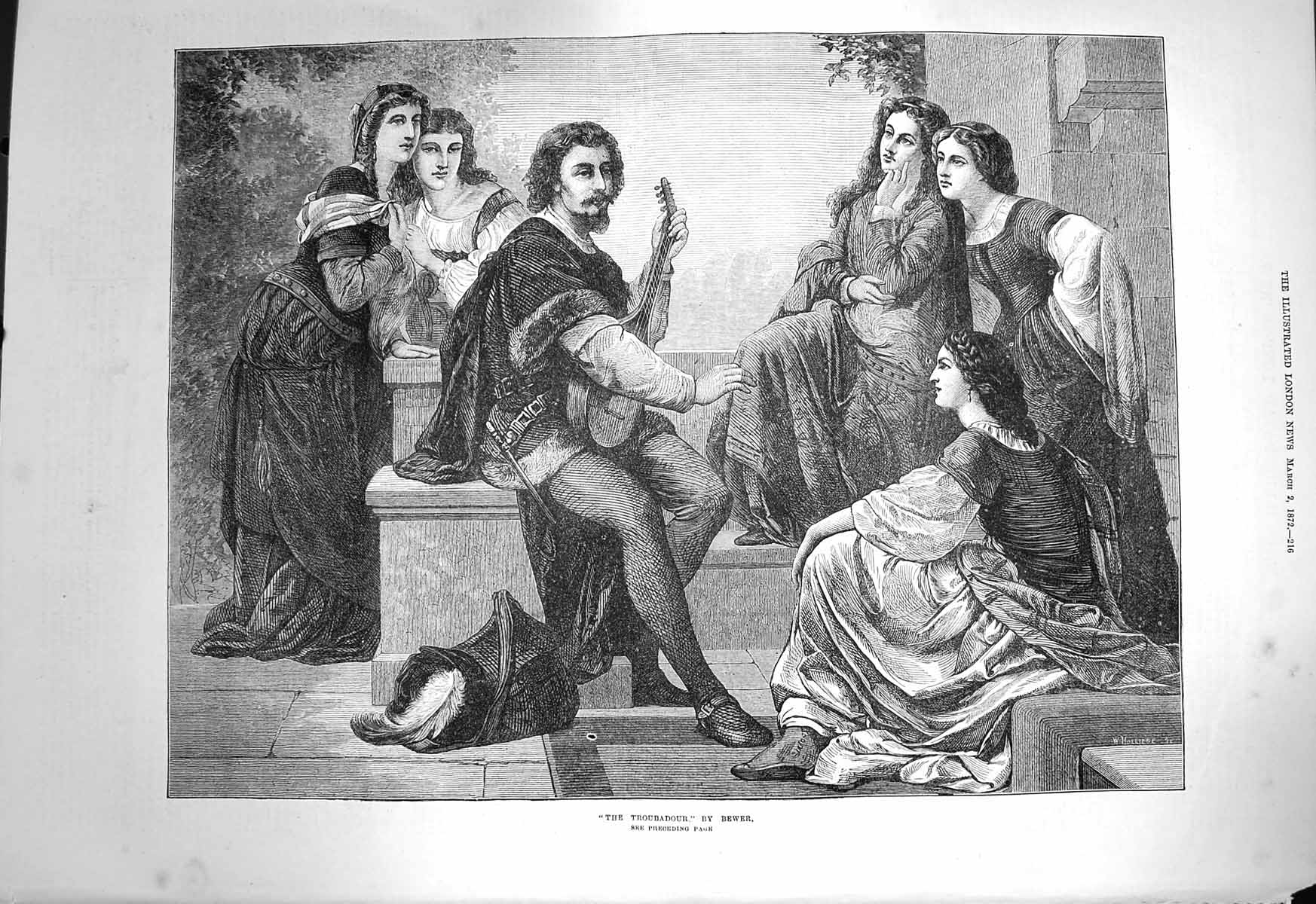 Original Old Antique Print 1872 Troubadour Music Man Romance Girls Bewer 19th