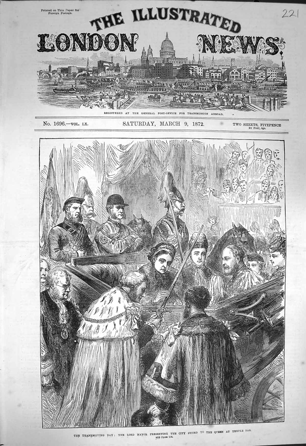 Original Old Antique Print 1872 Thanksgiving Day Lord Mayor Sword Queen Temple
