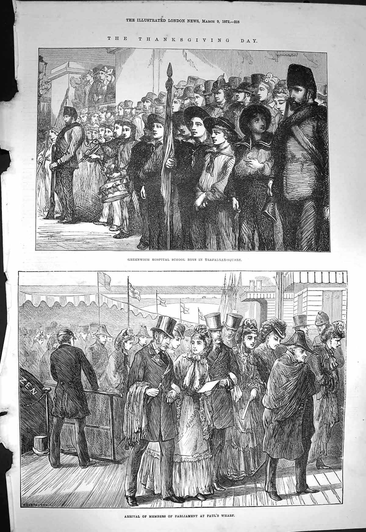 Old Antique Print 1872 Thanksgiving Hospital Trafalgar Paul Wharf Church 19th