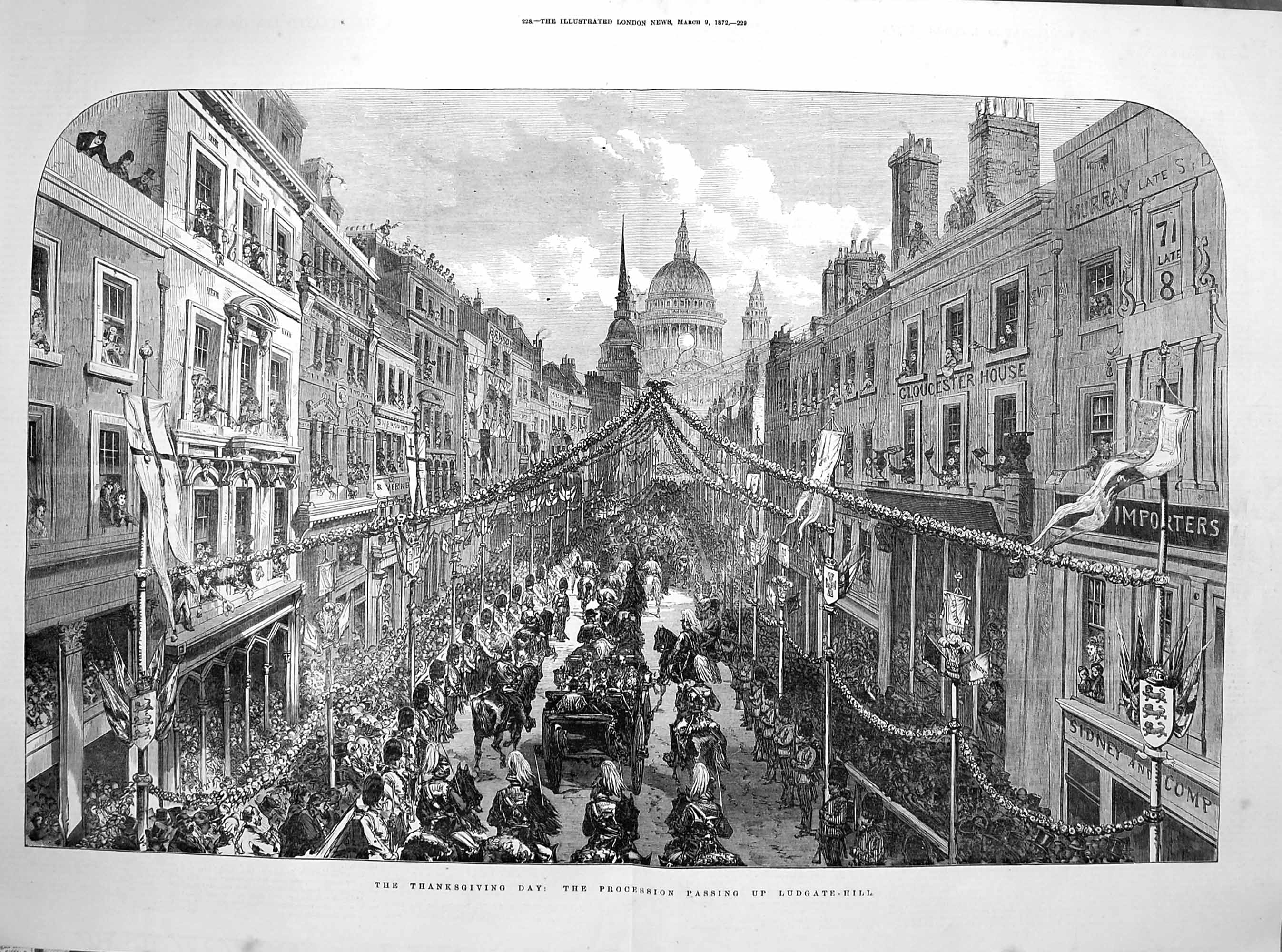 Old Antique Print 1872 Thanksgiving Day Procession Ludgate-Hill London 19th