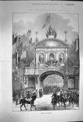 Original Old Antique Print 1872 Temple Bar Decorated Thansgiving Day London