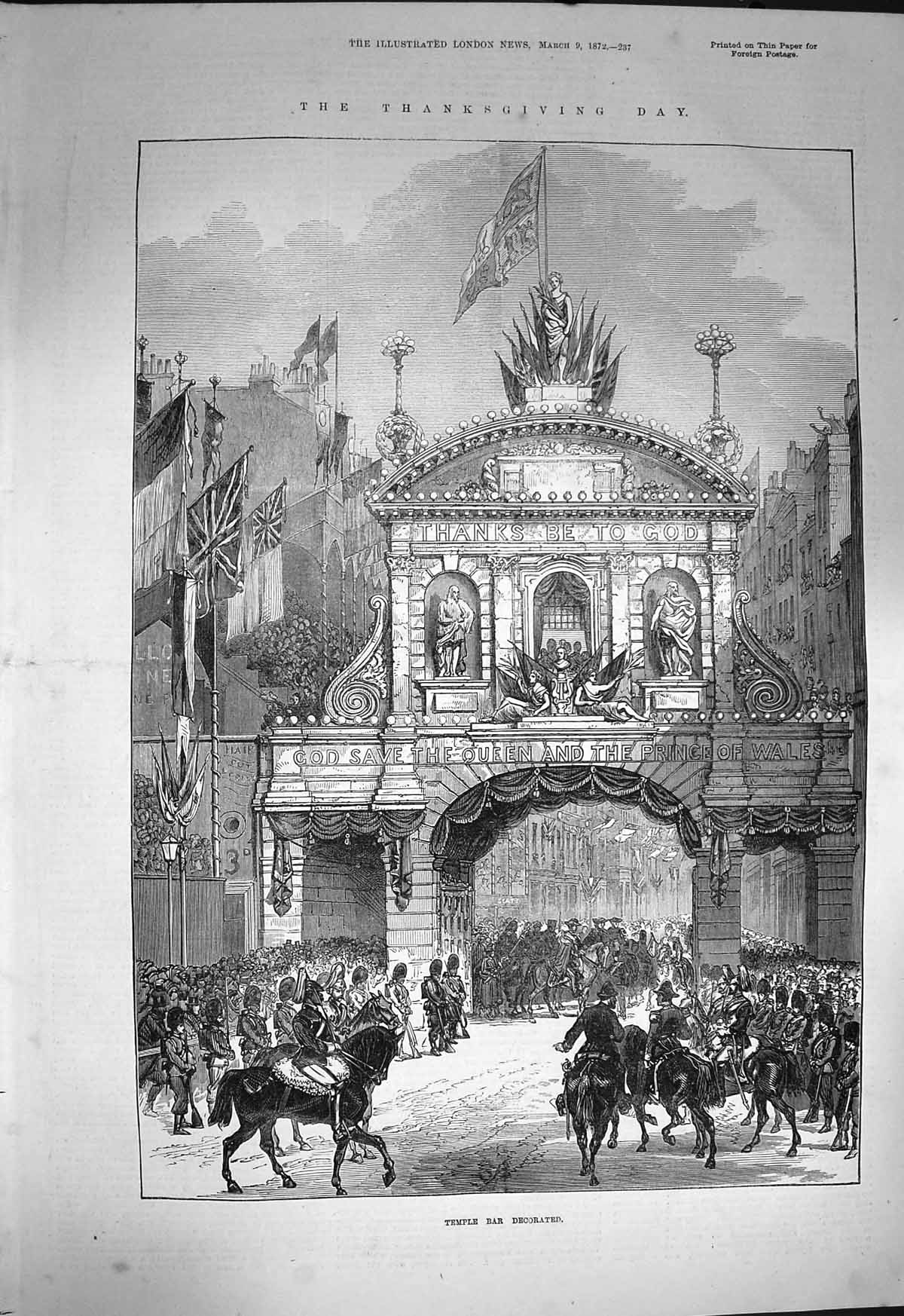 Original Old Antique Print 1872 Temple Bar Decorated Thansgiving Day London
