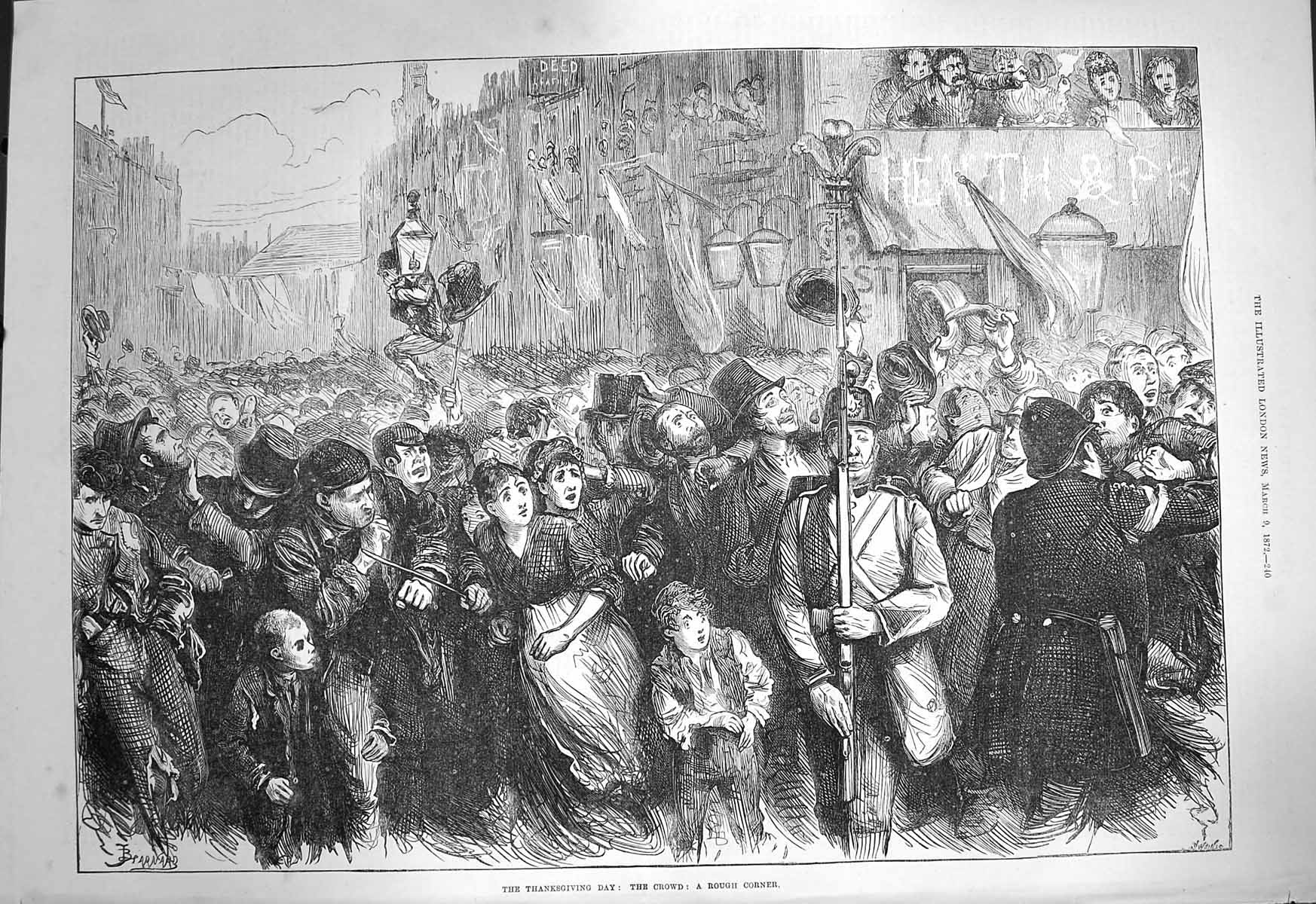 Original Old Antique Print 1872 Thanksgiving Day Crowd People Rough Corner 19th
