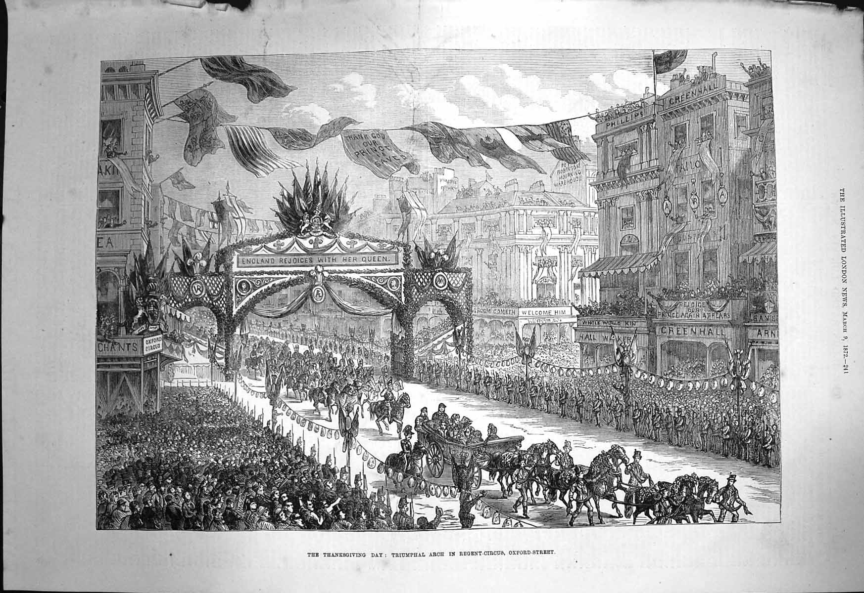 Old Antique Print 1872 Triumphal Arch Regent-Circus Oxford Thanksgiving 19th