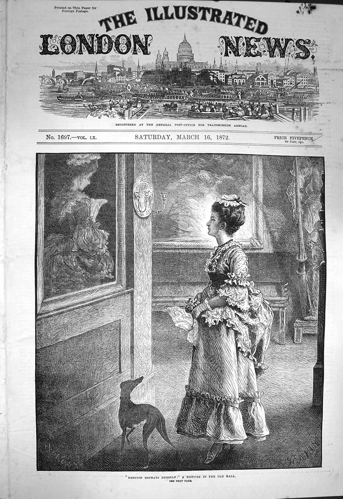 Original Old Antique Print 1872 Fashion Repeats Itself Art Painting Lady Hall