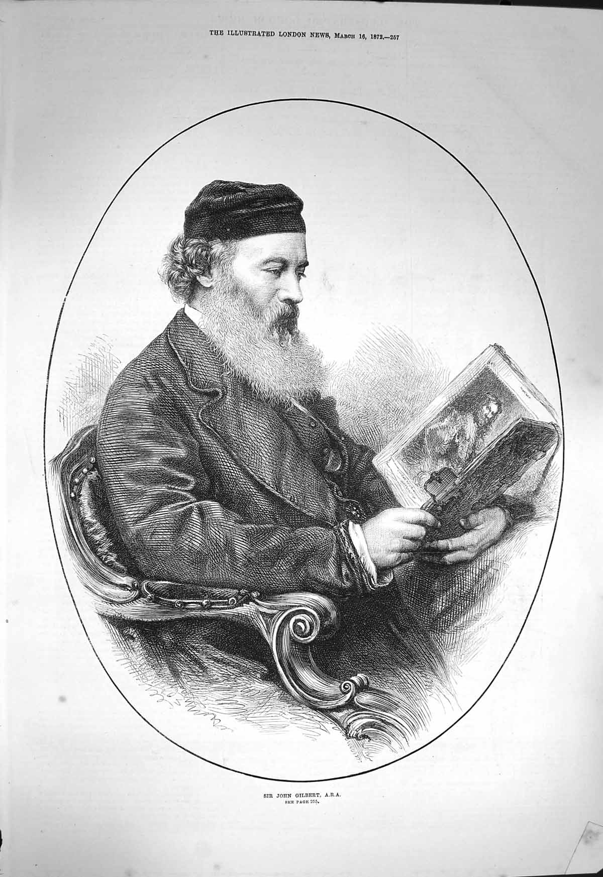 Original Old Antique Print 1872 Portrait Sir John Gilbert Reading Book 19th