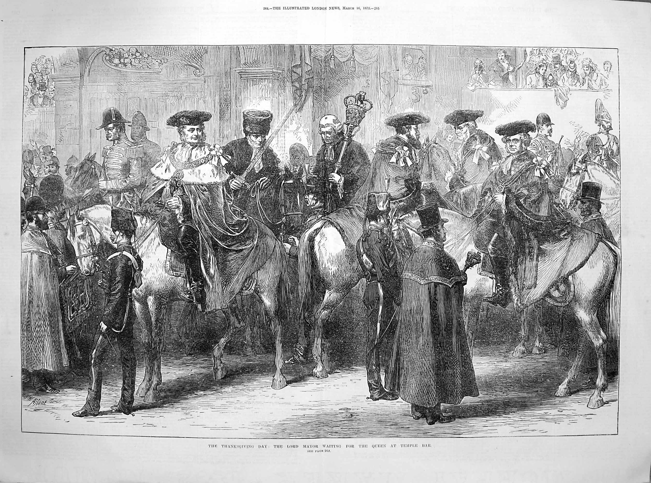 Original Old Antique Print 1872 Thanksgiving Day Lord Mayor Queen Temple Bar