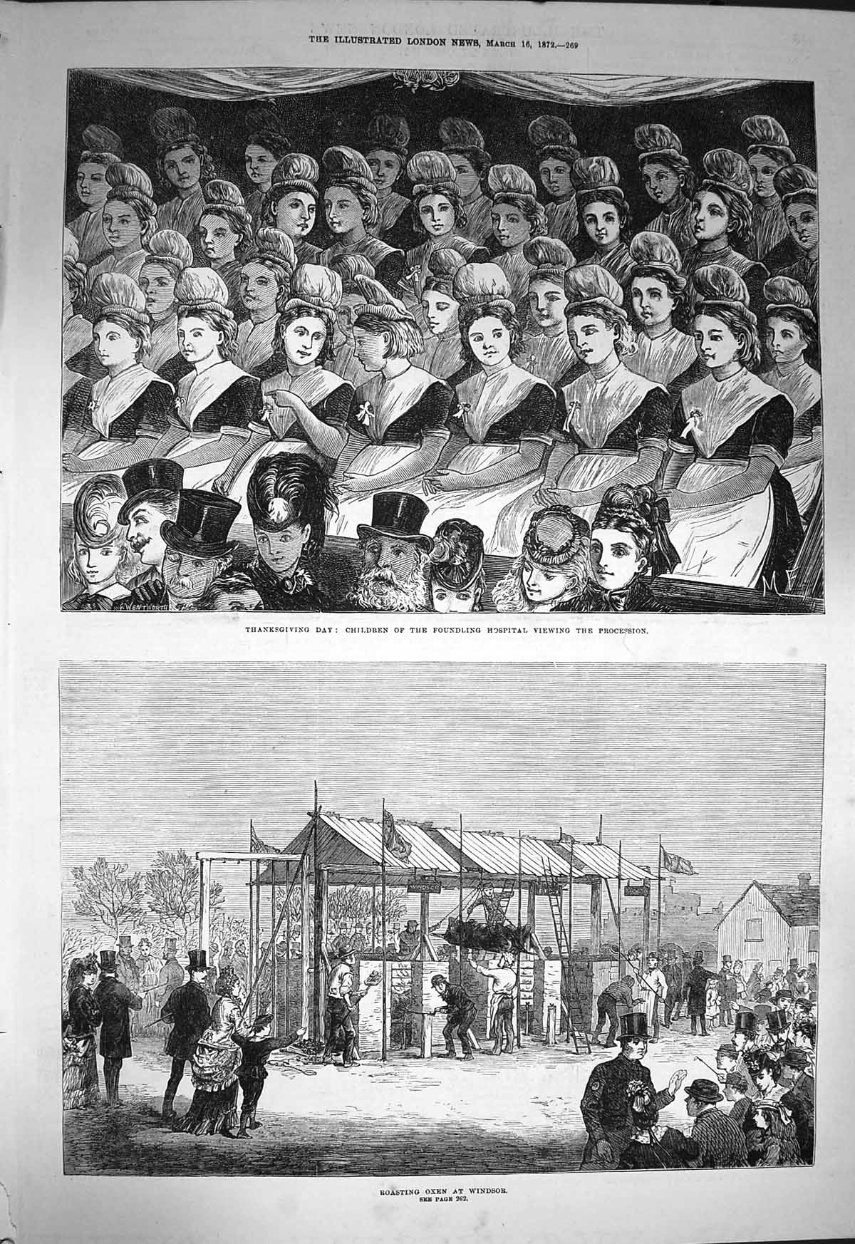 Original Old Antique Print 1872 Roasting Oxen Windsor Thanksgiving Day Hospital
