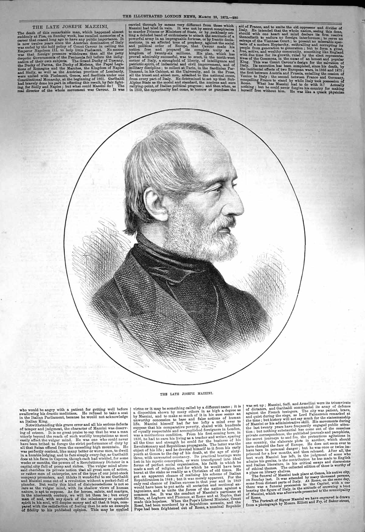 Original Old Antique Print 1872 Portrait Joseph Mazzini Pis 19th