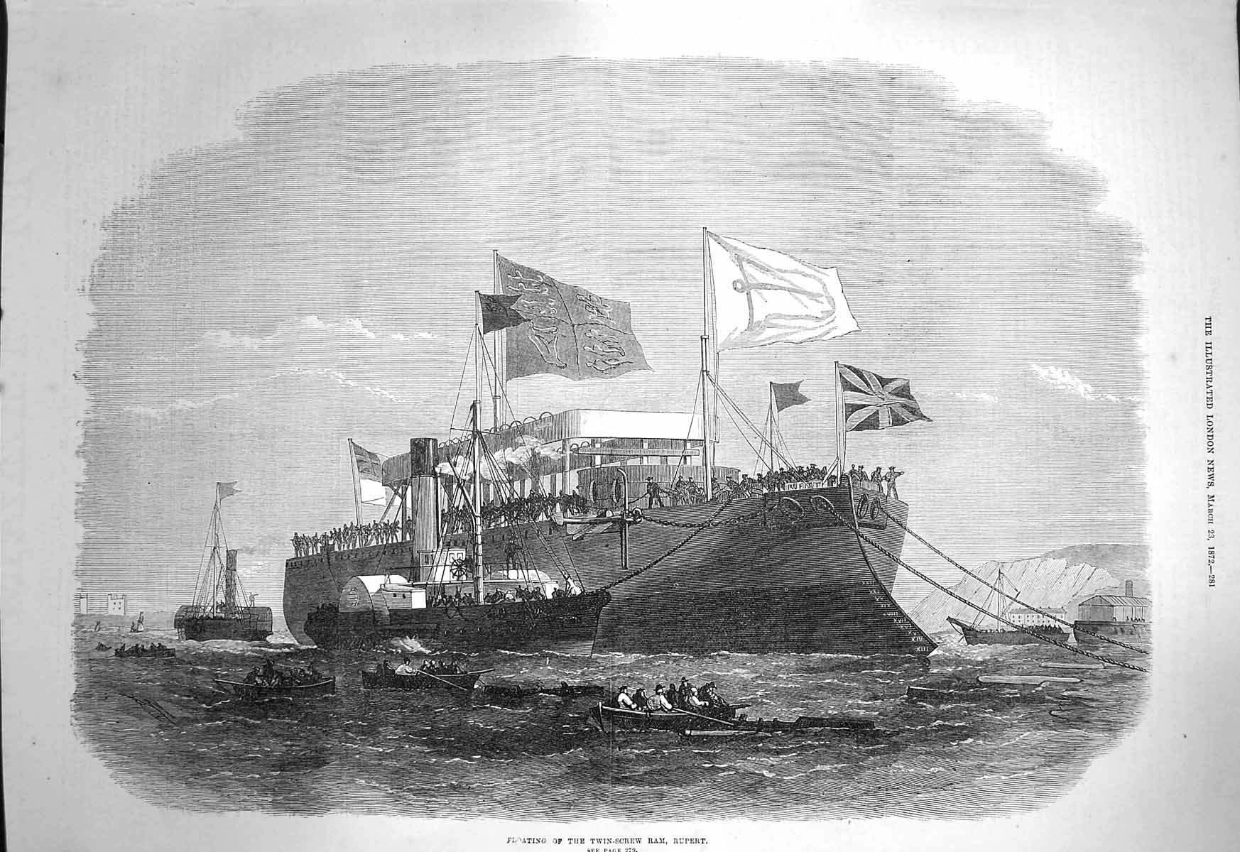 Original Old Antique Print 1872 Floating Twin Screw Ram Ship Rupert Fine Art