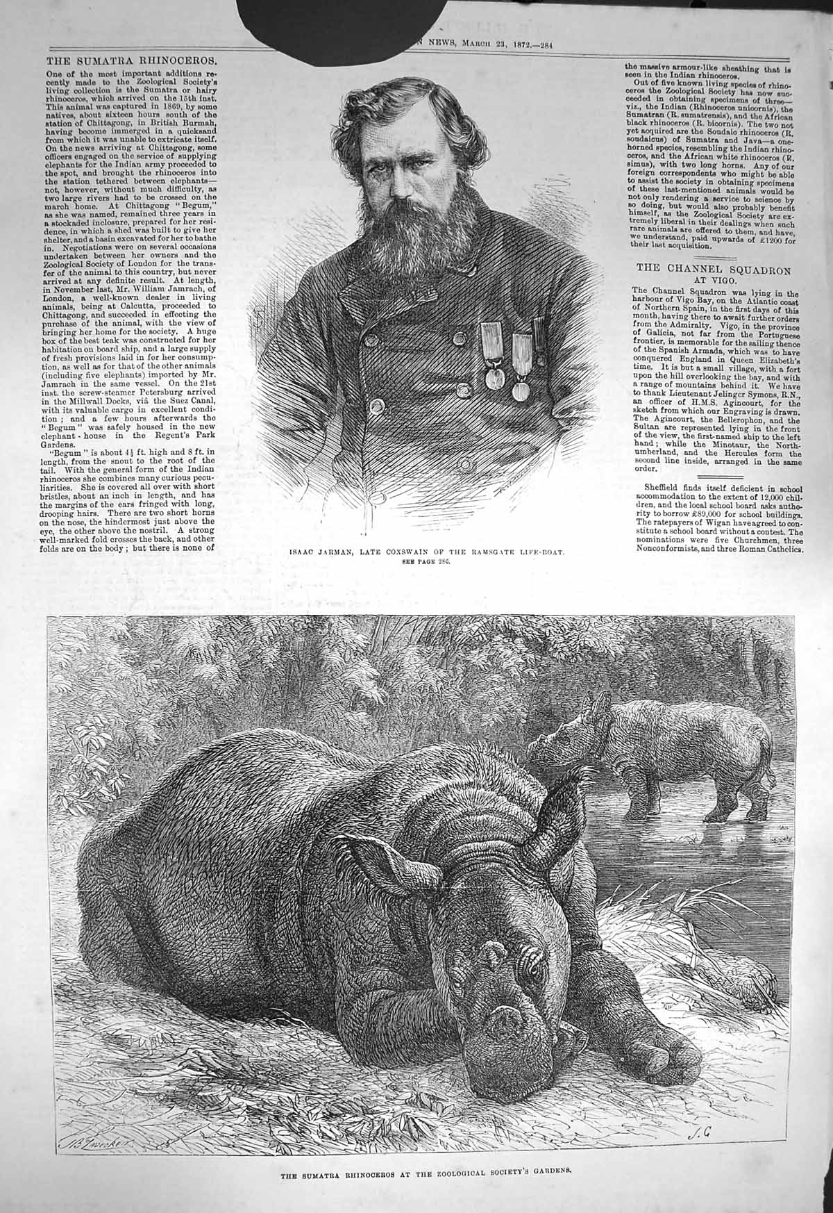 Original Old Antique Print 1872 Isaac Jarman Coxswain Life-Boat Rhinocerous