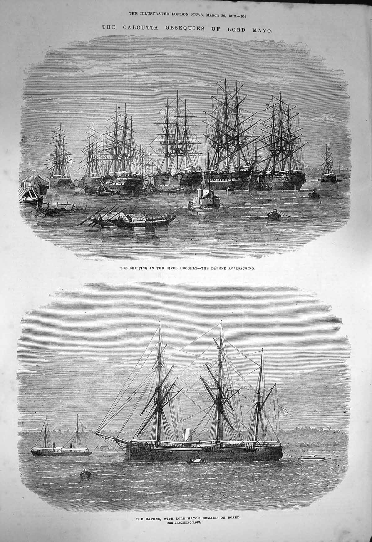 Original Old Antique Print 1872 Calcutta Ships River Hooghly Daphne Lord Mayo