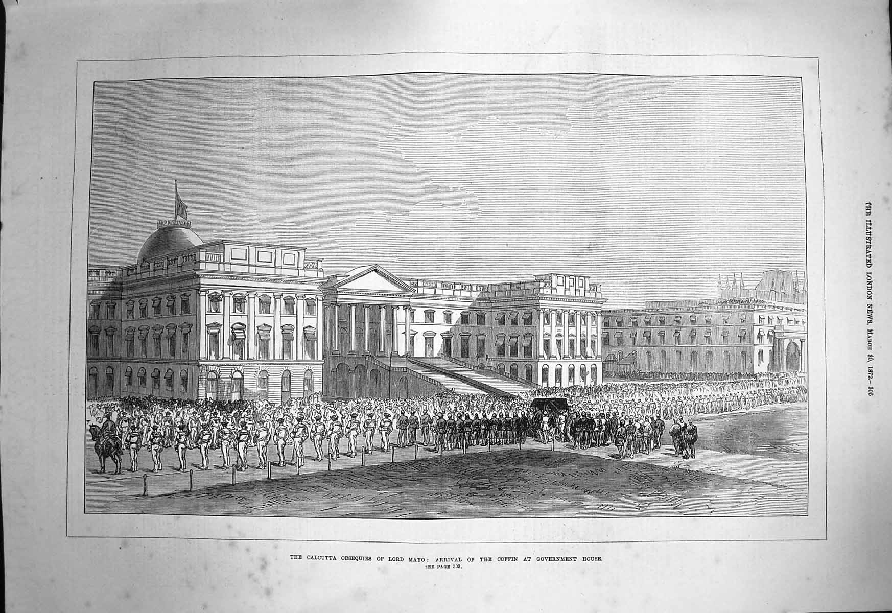 Old Antique Print 1872 Lord Mayo Coffin Government House Calcutta India 19th