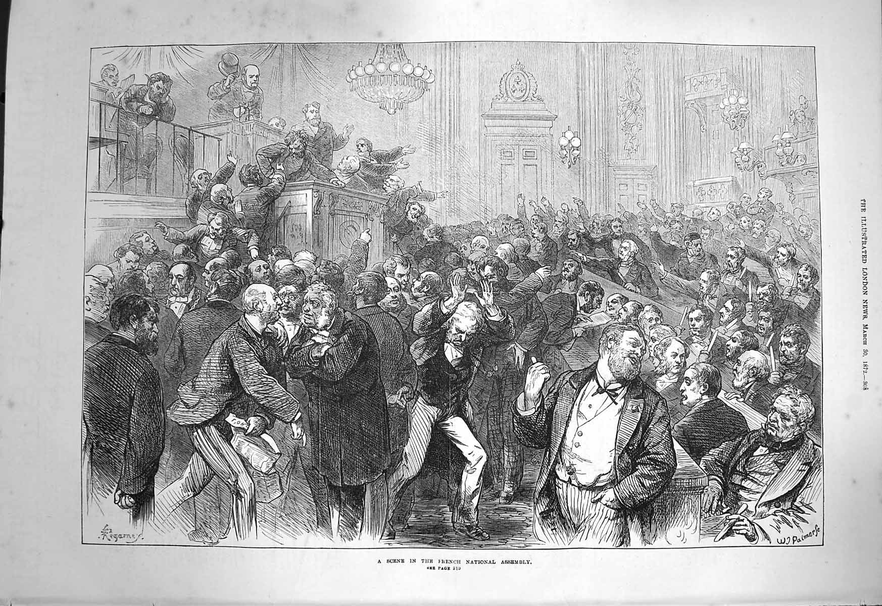Original Old Antique Print 1872 Scene French National Assembly Men Meeting 19th