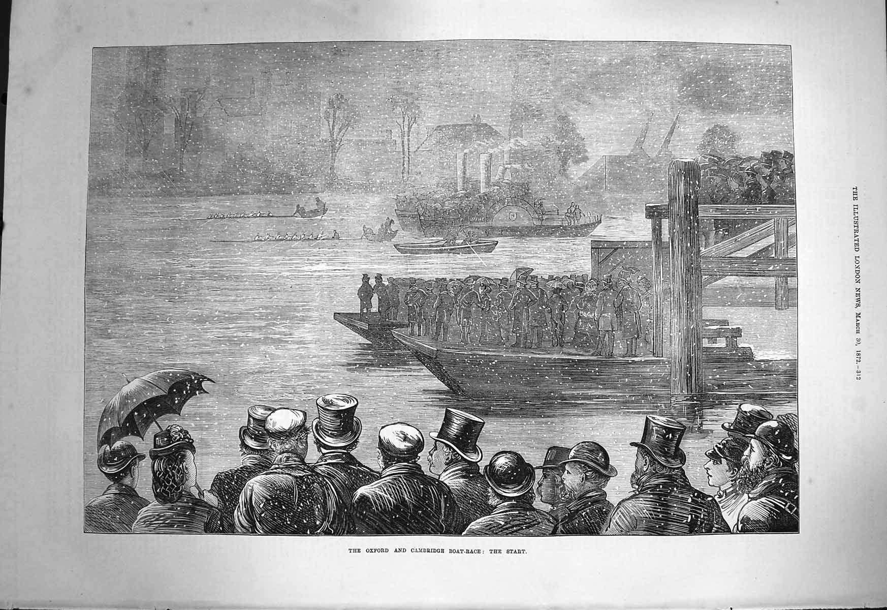 Old Antique Print 1872 Oxford Cambridge Boat Race Snow Sport River Thames 19th