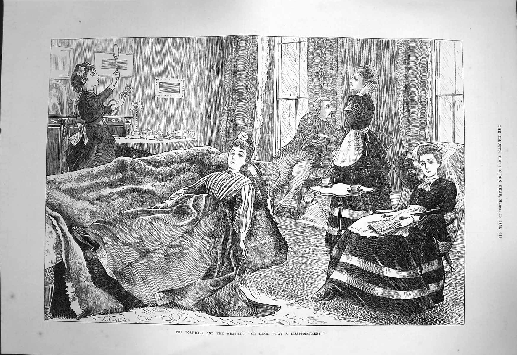 Original Old Antique Print 1872 Boat Race Bad Weather Disappointment Victorian