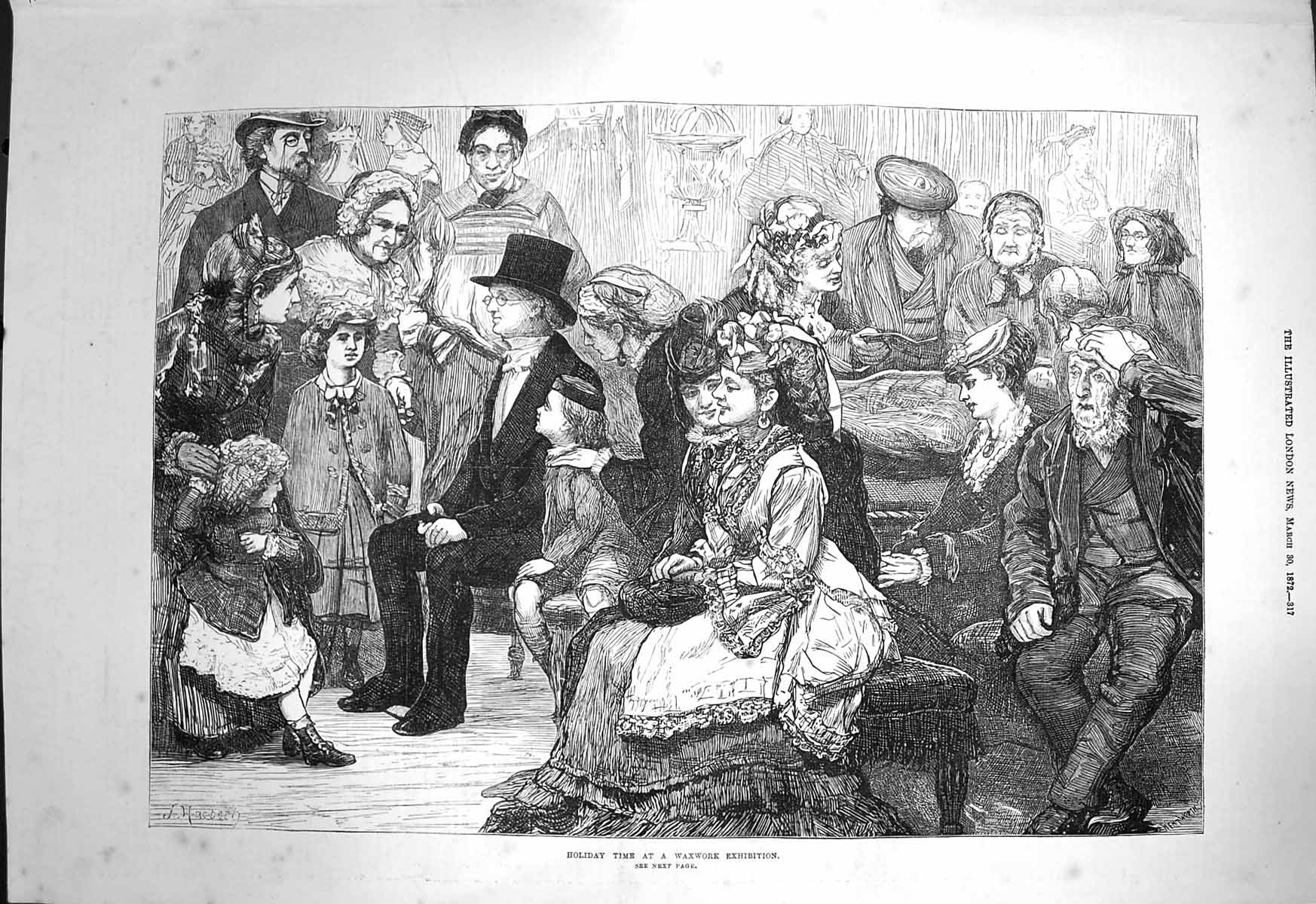 Original Old Antique Print 1872 Holiday Time Waxwork Exhibition 19th