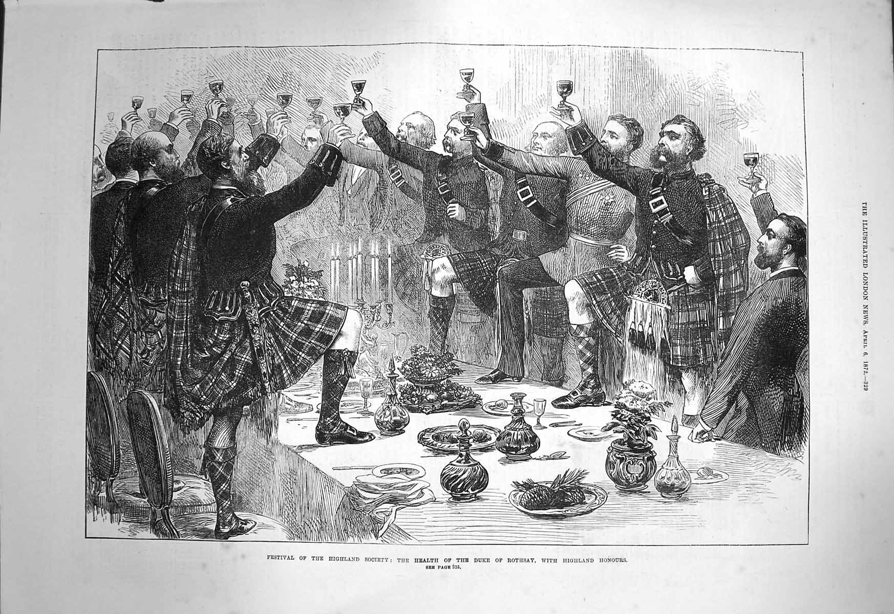 Original Old Antique Print 1872 Toasting Health Duke Rothsay Highland Society