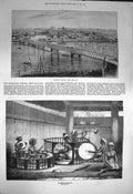 Original Old Antique Print 1872 Wanganui Bridge New Zealand Burmese Musicians