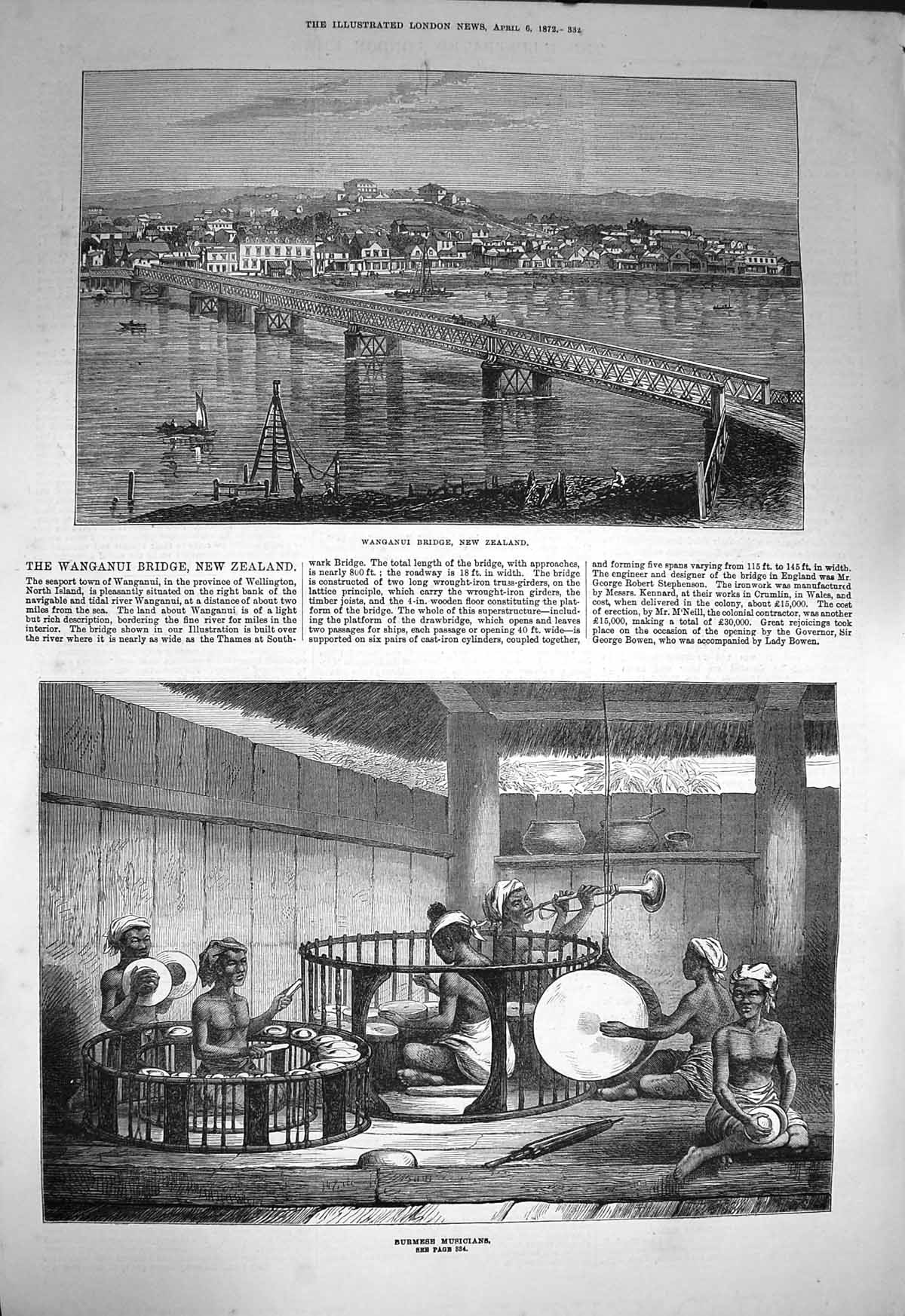 Original Old Antique Print 1872 Wanganui Bridge New Zealand Burmese Musicians