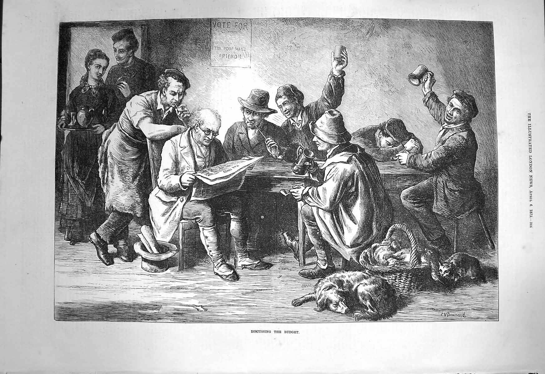 Original Old Antique Print 1872 Men Discusing Budget Dog Drinking Downand 19th