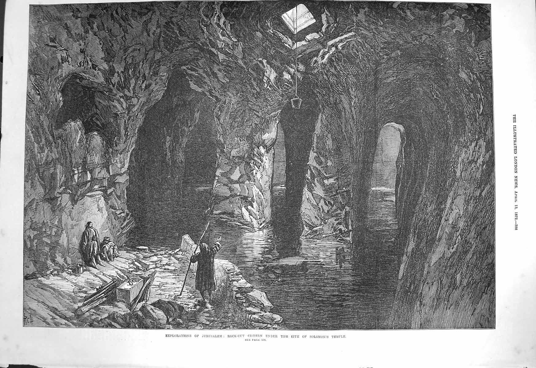 Old Antique Print 1872 Jerusalem Rock-Cut Cistern Site Solomon'S Temple 19th