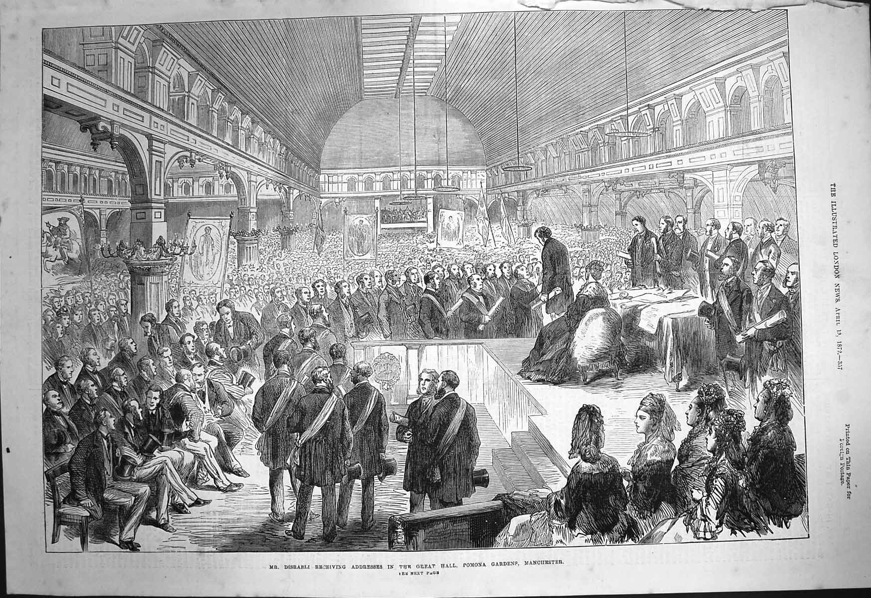 Original Old Antique Print 1872 Disraeli Great Hall Pomna Gardens Manchester