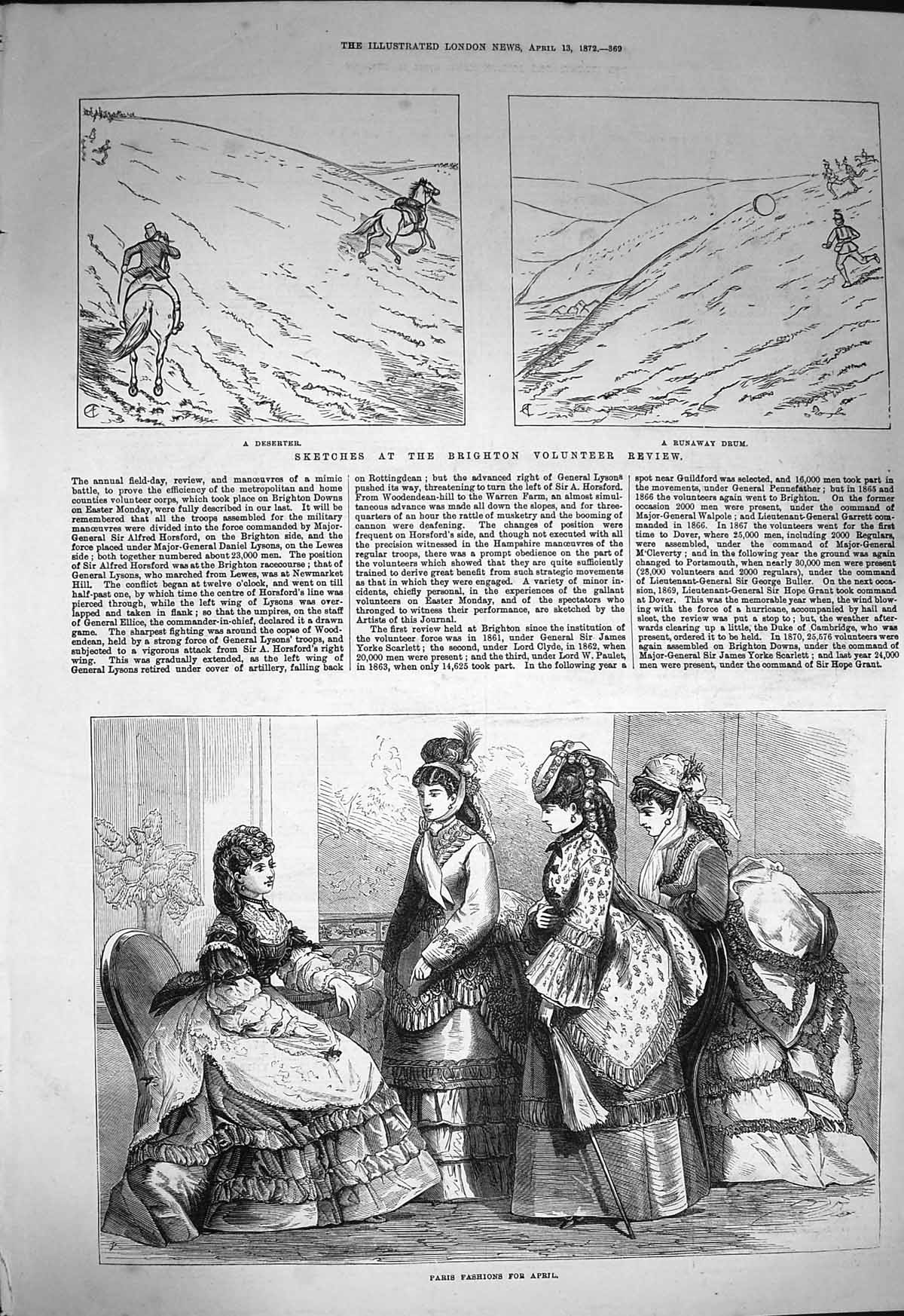 Original Old Antique Print 1872 Paris Fashion Brighton Volunteer Review Siers