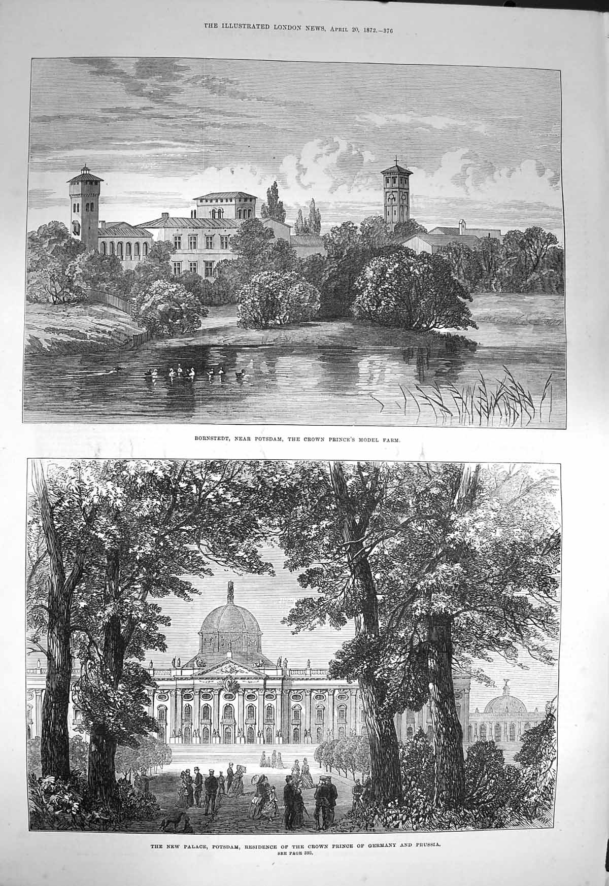 Antique Old Print *3661 1872 Bornstedt Potsdam Palace Crown Prince Germany