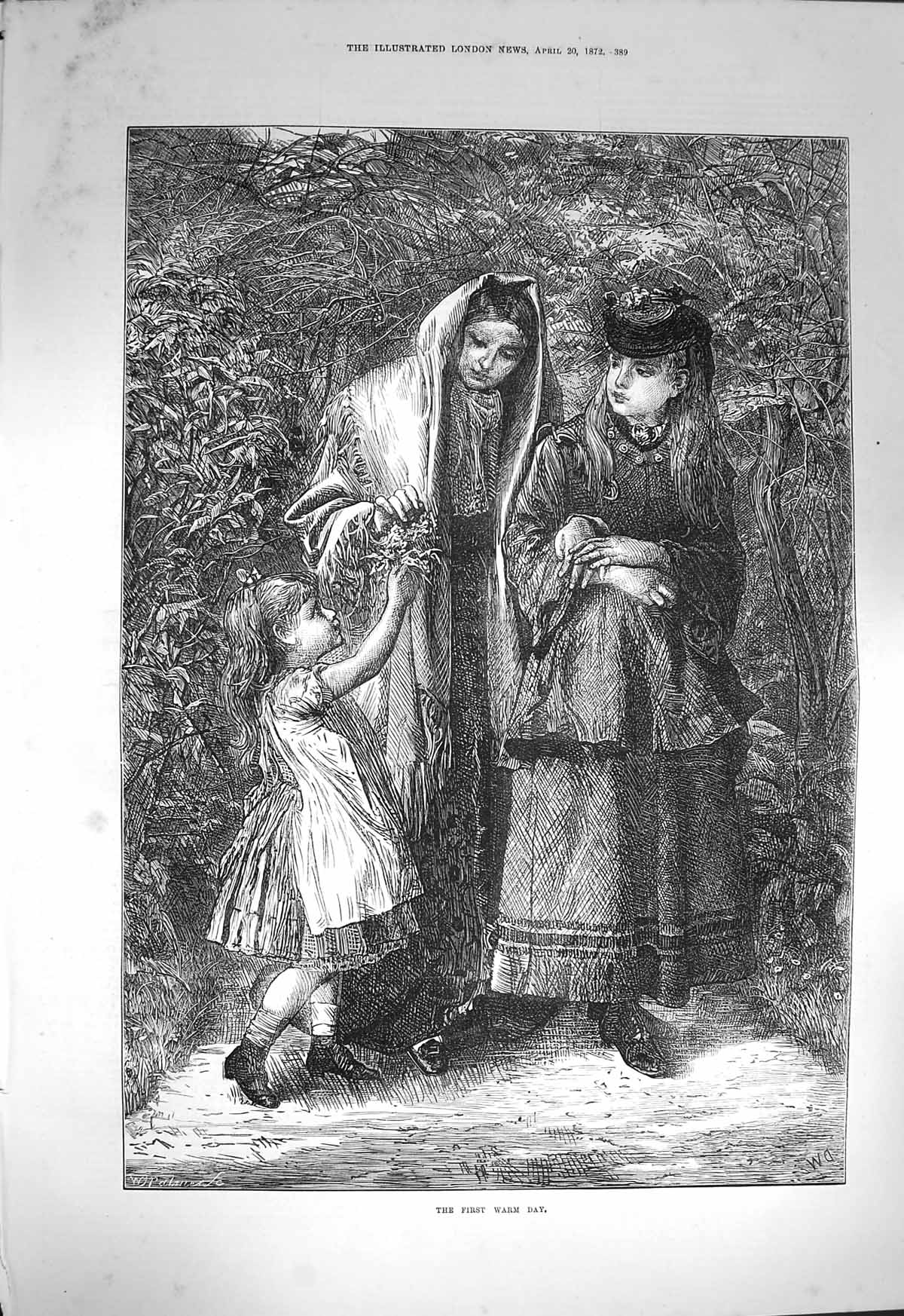 Original Old Antique Print 1872 First Warm Day Children Garden 19th