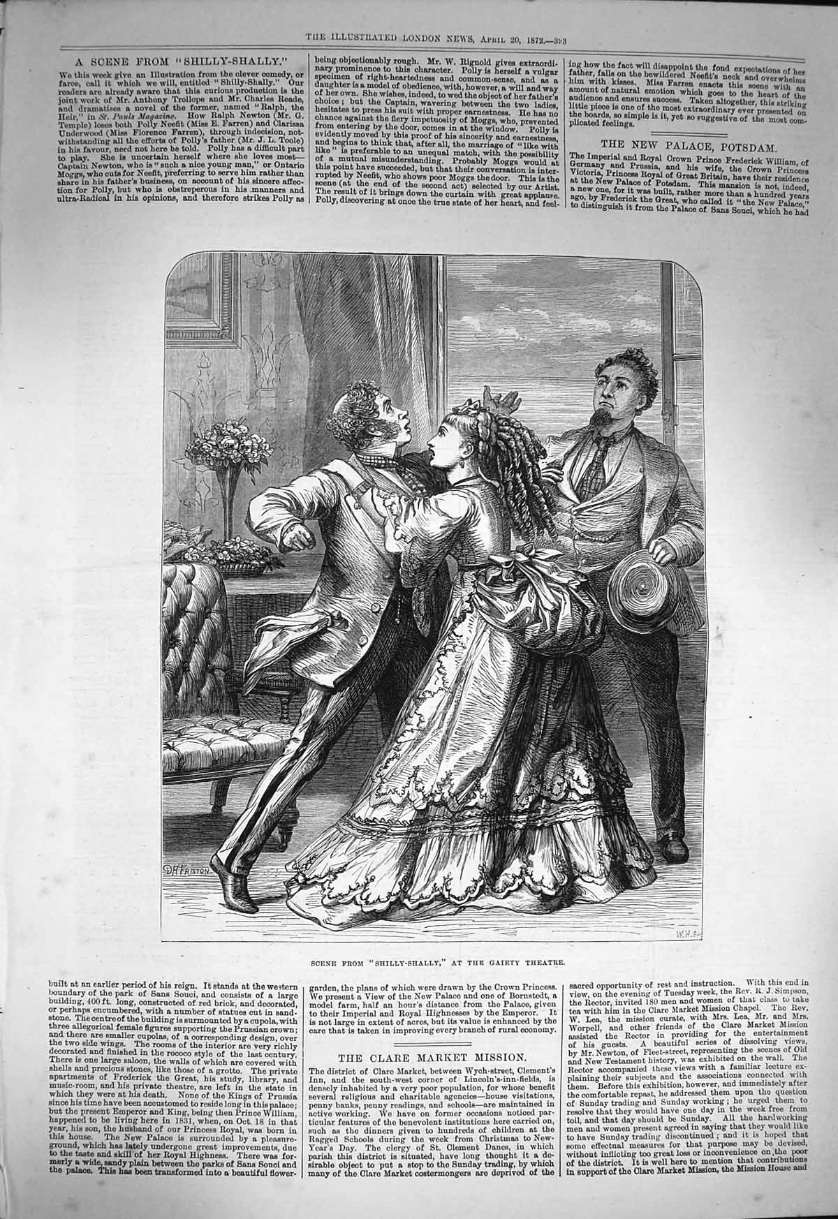 Original Old Antique Print 1872 Scene Shilly-Shally Gaiety Theatre Victorian