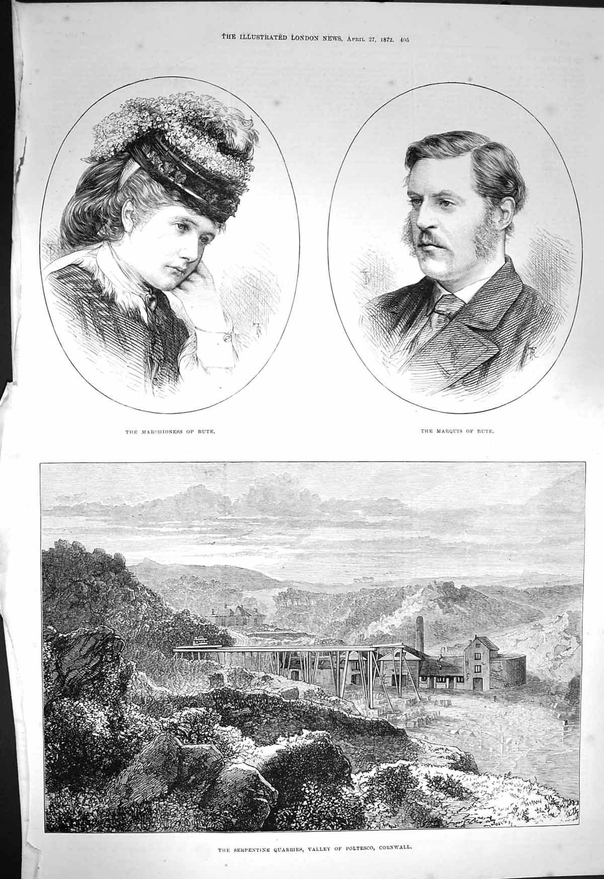 Original Old Antique Print 1872 Marquis Bute Serpentine Quarries Poltesco C 19th