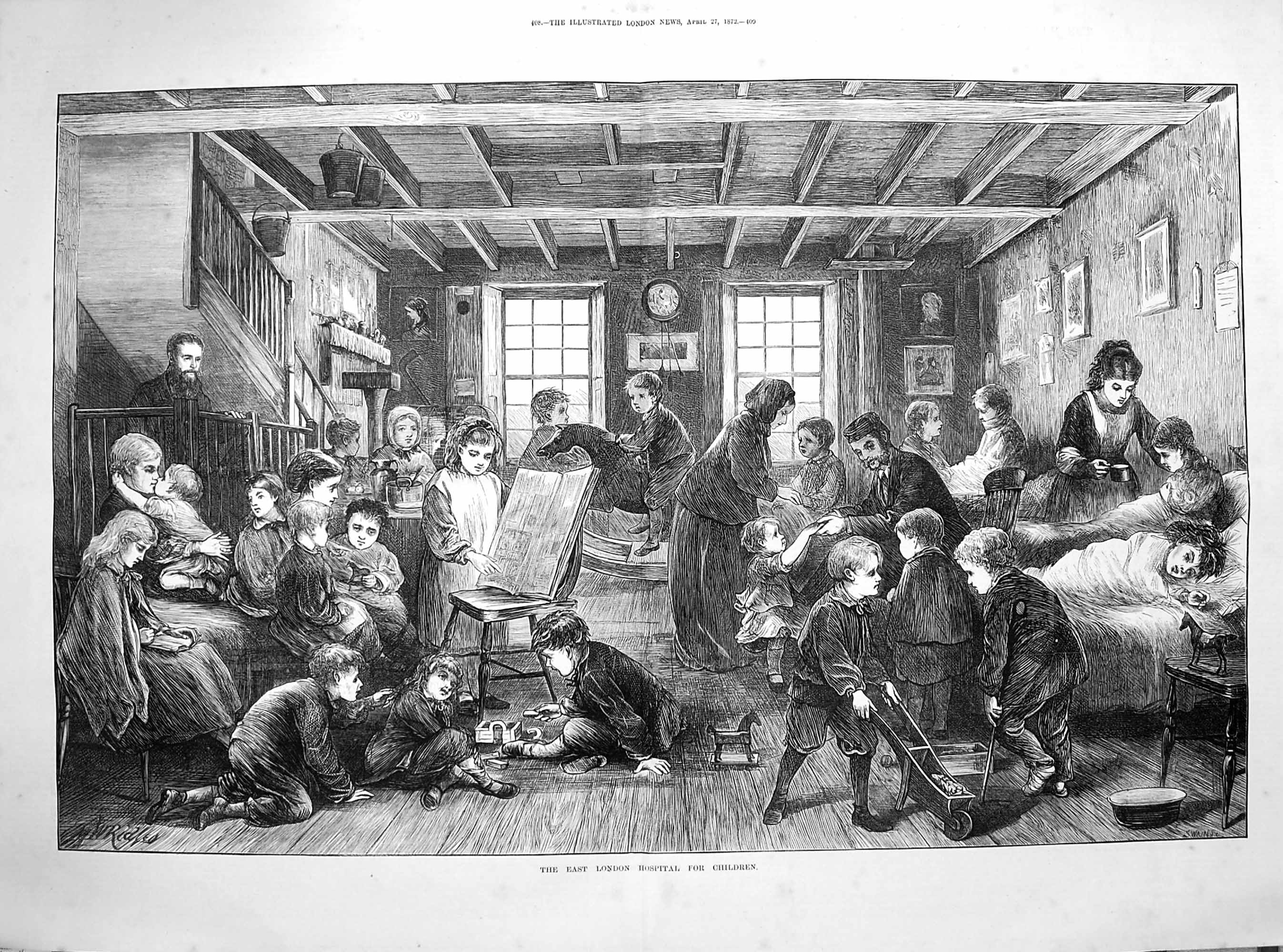 Original Old Antique Print 1872 East London Hospital Children Nurses Fine Art