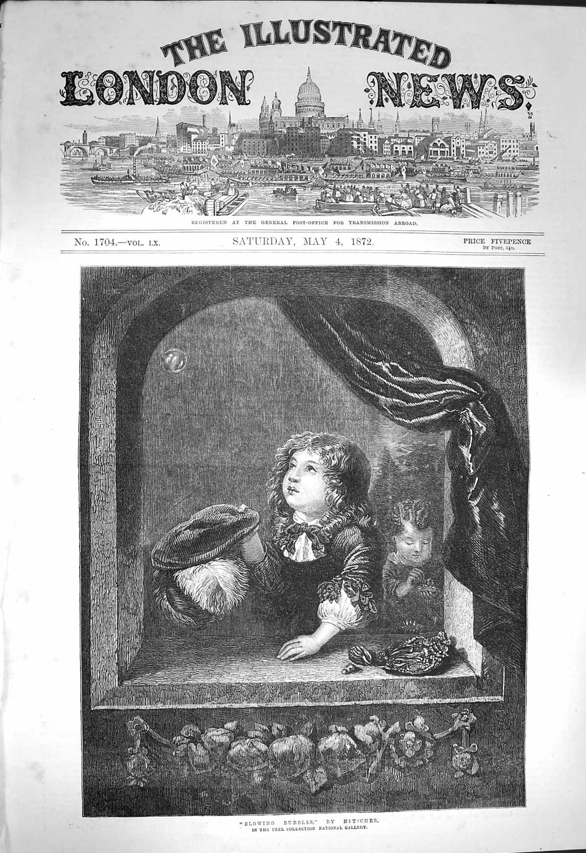 Original Old Antique Print 1872 Children Blowing Bubbles Netscher Victorian