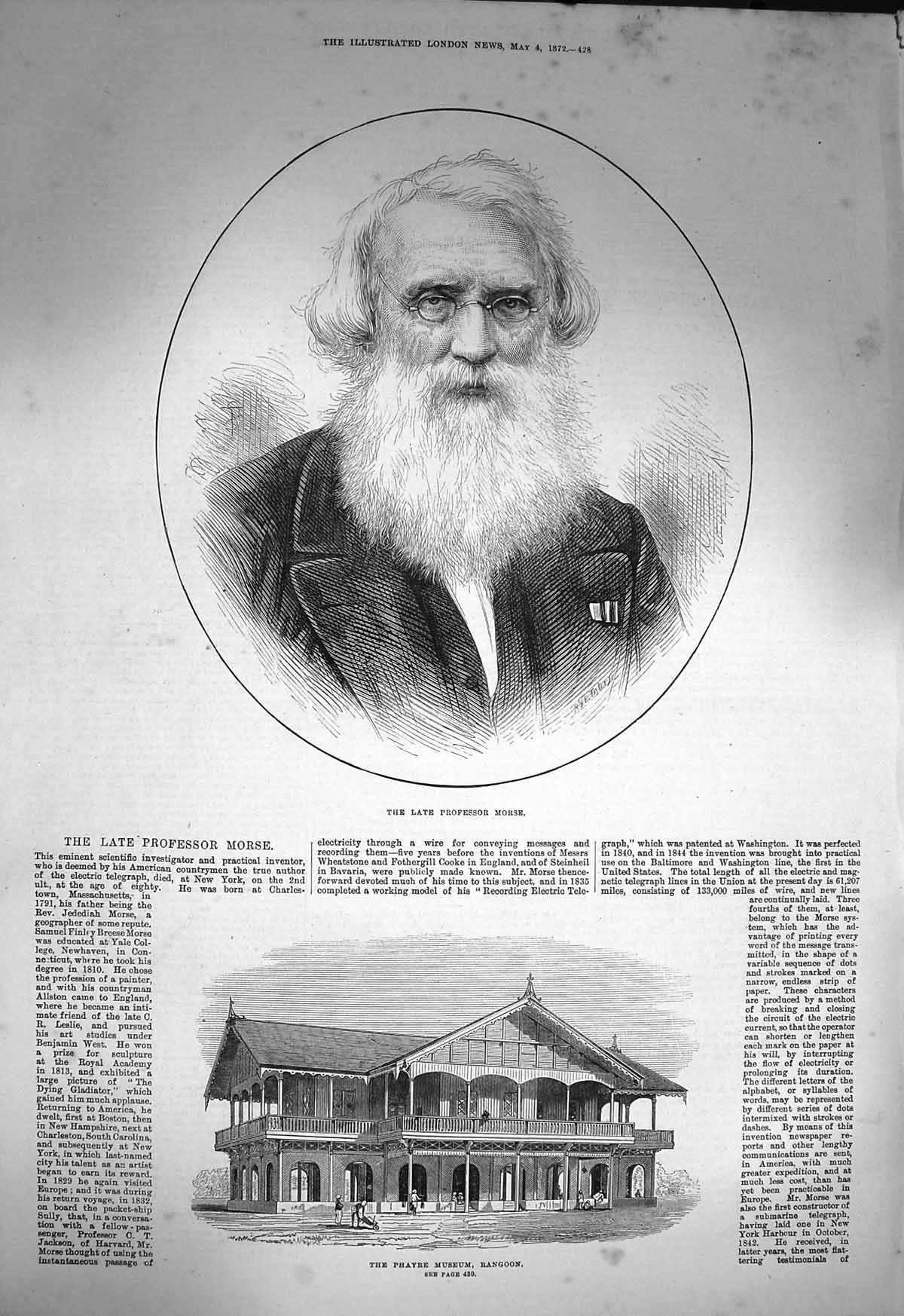 Original Old Antique Print 1872 Portrait Professor Morse Phayre Museum Rangoon