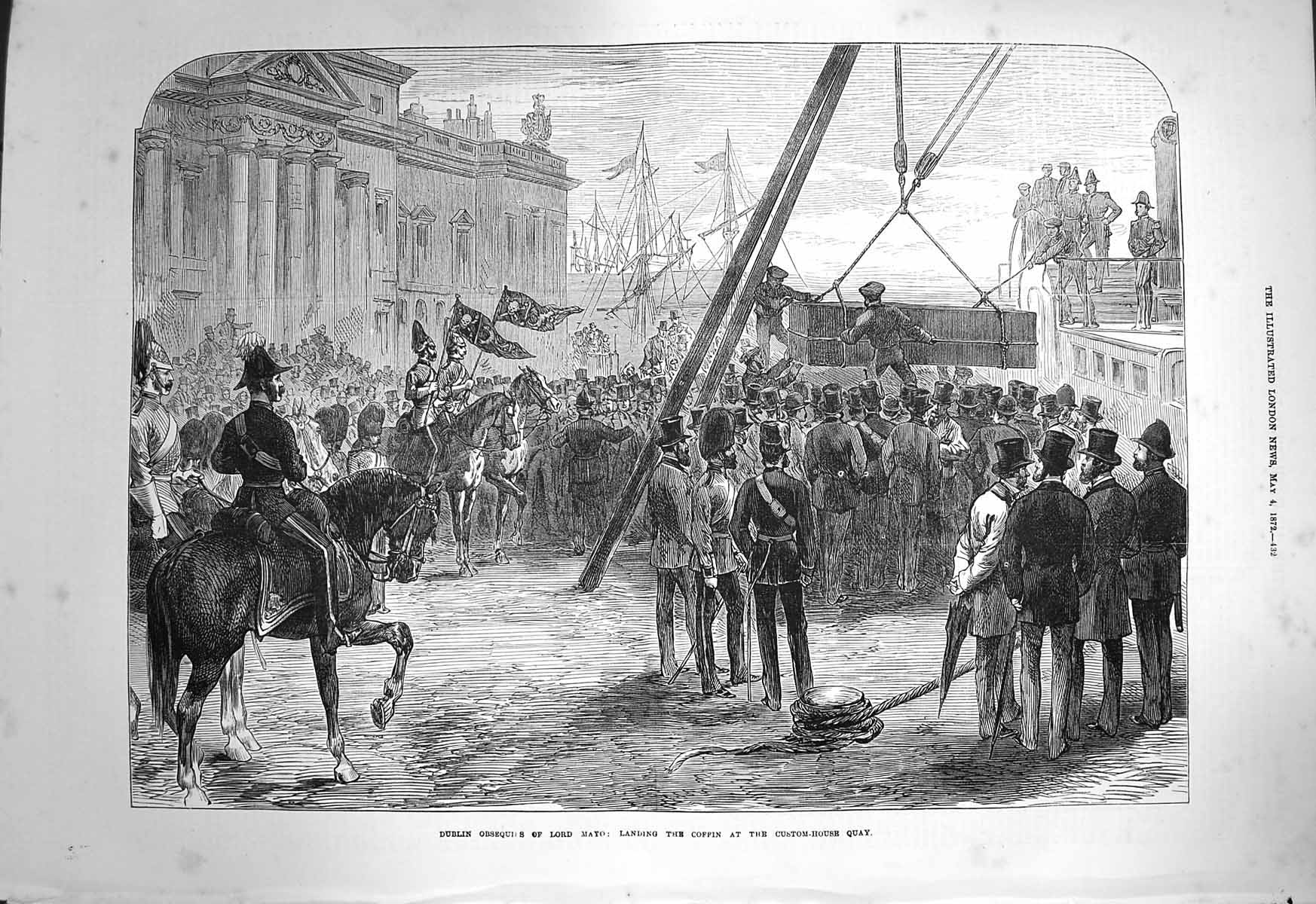 Old Antique Print 1872 Dublin Lord Mayo Custom-House Quay Funeral Ireland 19th